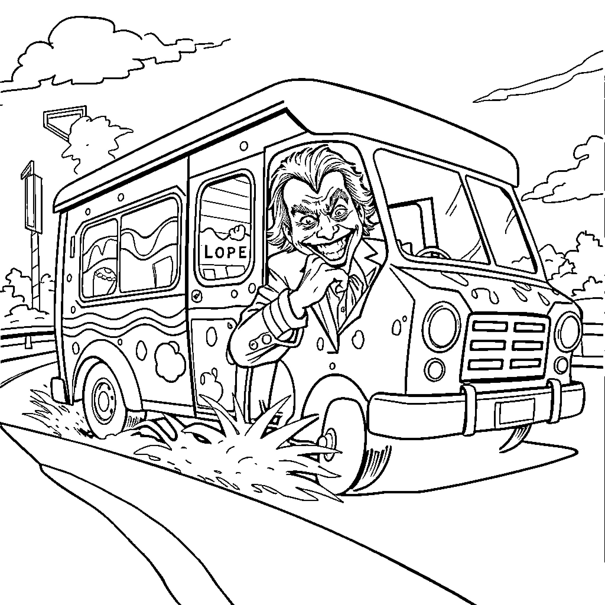 Joker riding in an unusual vehicle Coloring Page (free black-and-white line drawing printable PDF for all, from beginners to advanced learners, including children, teens, adults, and seniors)