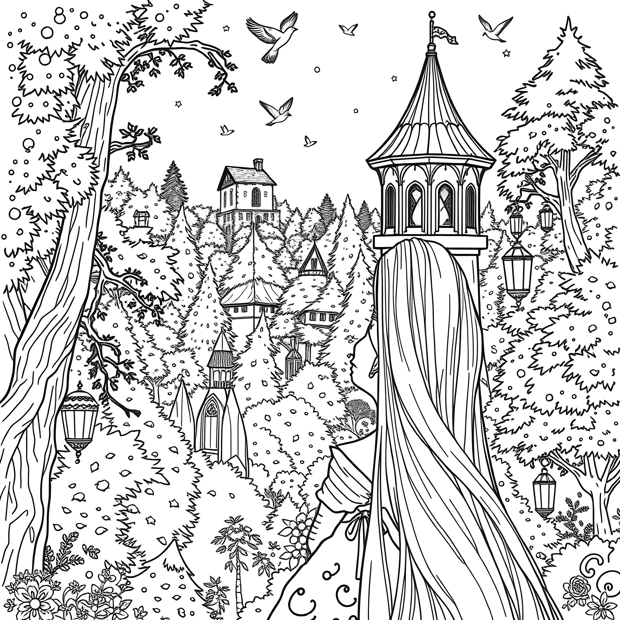 Rapunzel's Enchanted Forest Wonderland Coloring Page (free black-and-white line drawing printable PDF for all, from beginners to advanced learners, including children, teens, adults, and seniors)