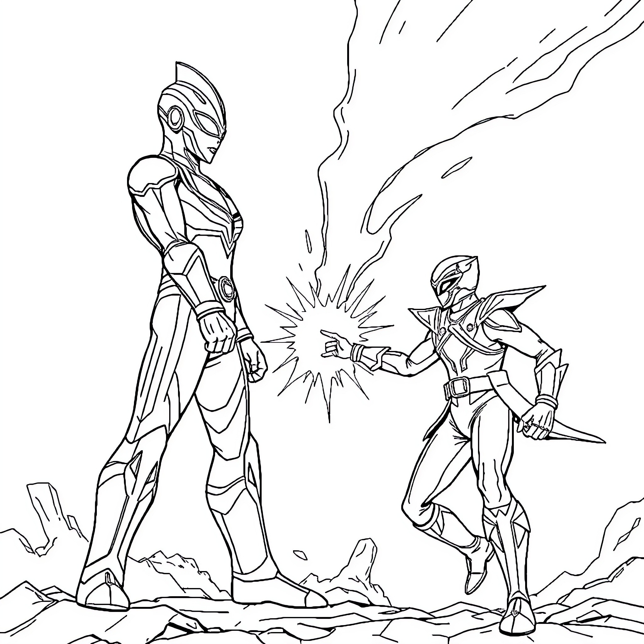 Ultraman characters in epic battle Coloring Page (free black-and-white line drawing printable PDF for all, from beginners to advanced learners, including children, teens, adults, and seniors)