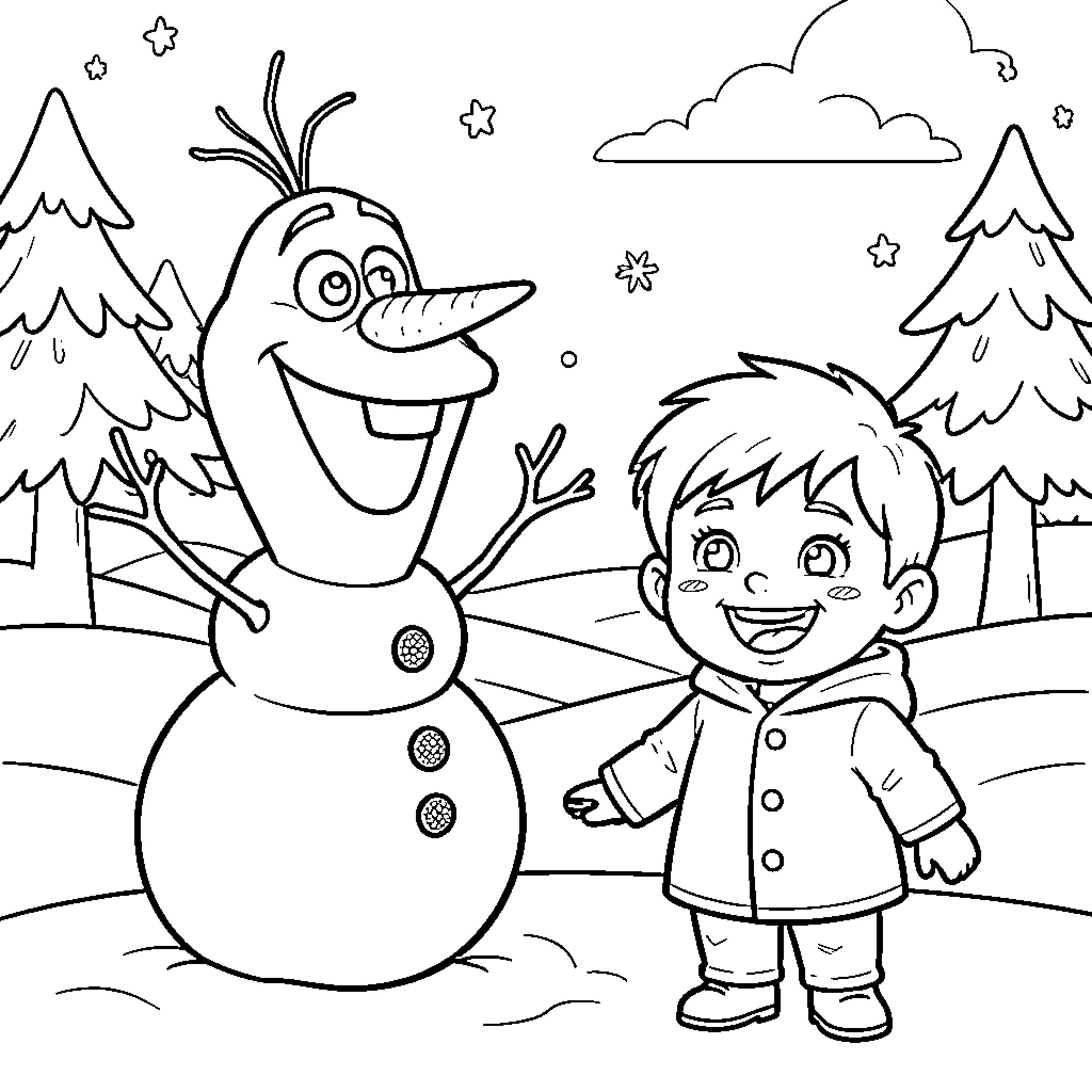 Olaf smiling joyfully next to a happy young boy Coloring Page (free black-and-white line drawing printable PDF for all, from beginners to advanced learners, including children, teens, adults, and seniors)