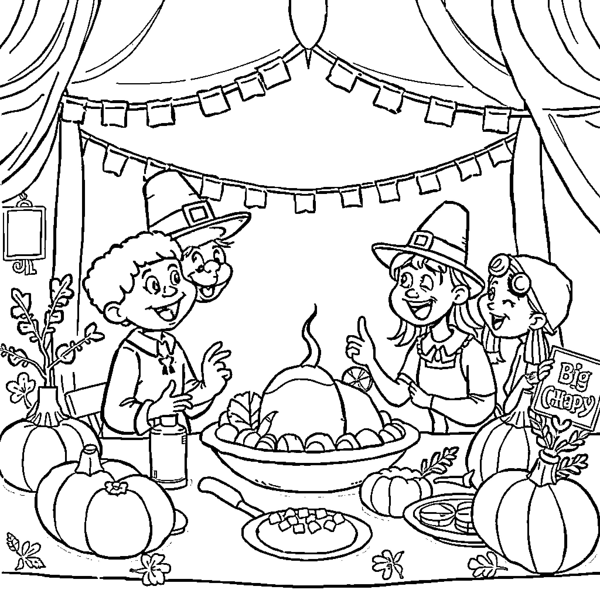 Thanksgiving Family Celebration with Festive Decorations Coloring Page (free black-and-white line drawing printable PDF for all, from beginners to advanced learners, including children, teens, adults, and seniors)
