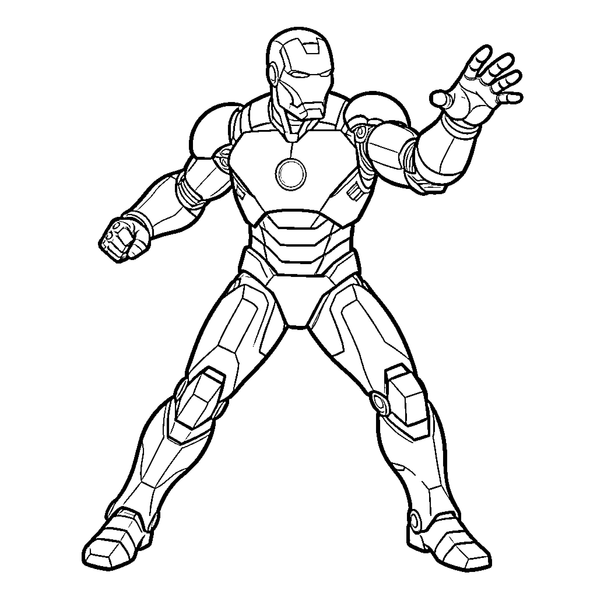 Iron Man in a dynamic action pose Coloring Page (free black-and-white line drawing printable PDF for all, from beginners to advanced learners, including children, teens, adults, and seniors)