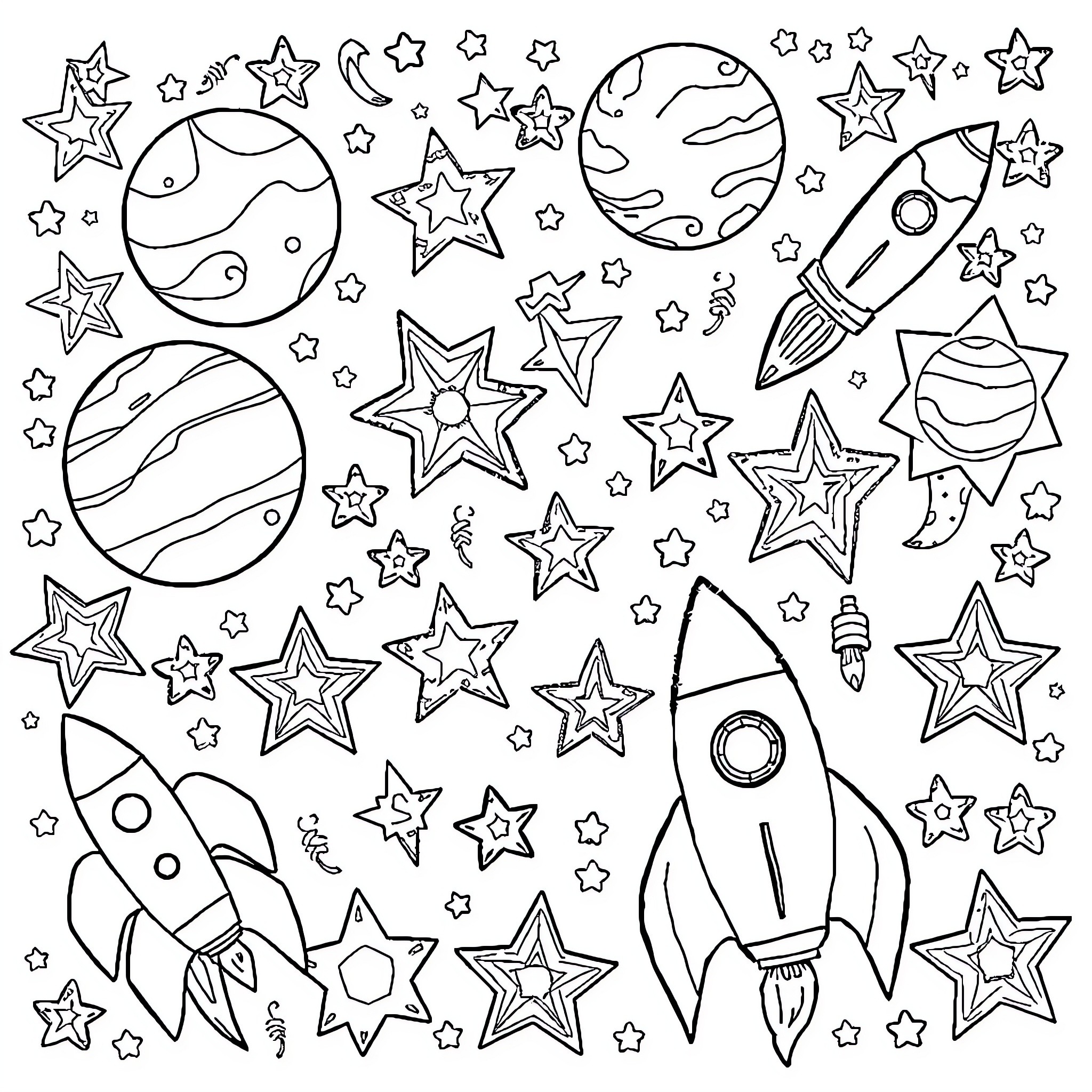 Space adventures with stars and planets Coloring Page (free black-and-white line drawing printable PDF for all, from beginners to advanced learners, including children, teens, adults, and seniors)