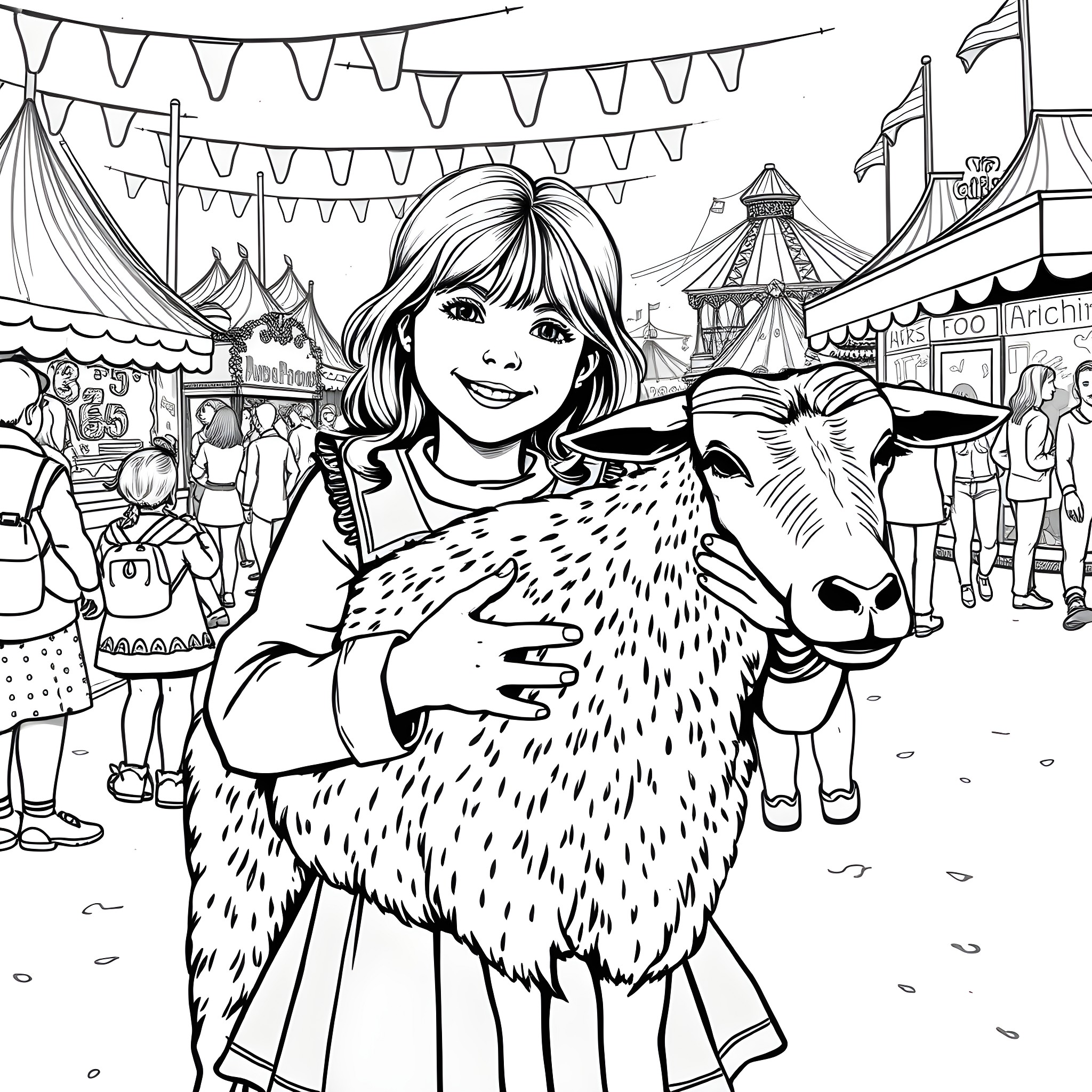 Girl Hugs Fluffy Animal at Carnival Festival Coloring Page (free black-and-white line drawing printable PDF for all, from beginners to advanced learners, including children, teens, adults, and seniors)