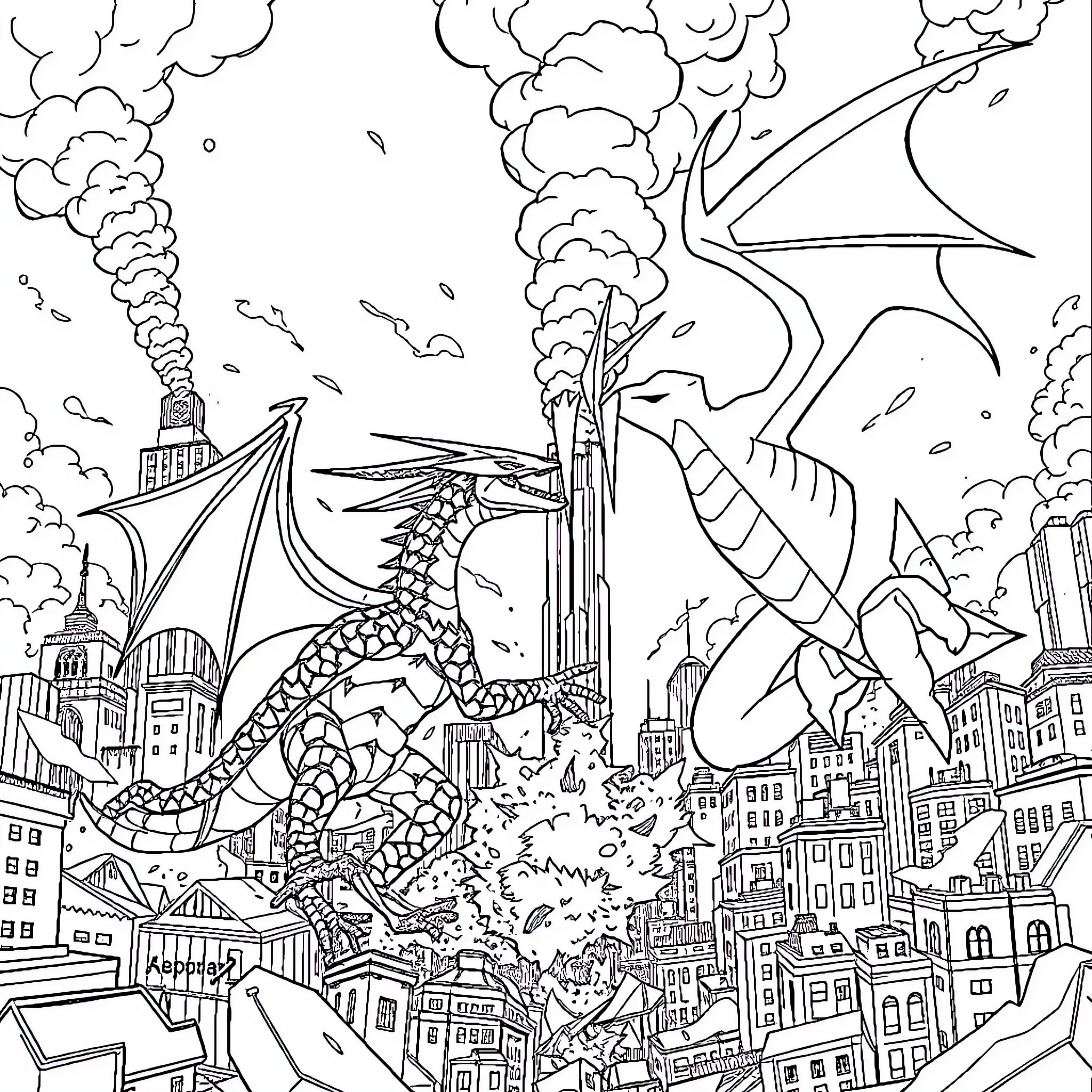 Giratina rampaging through a cityscape Coloring Page (free black-and-white line drawing printable PDF for all, from beginners to advanced learners, including children, teens, adults, and seniors)