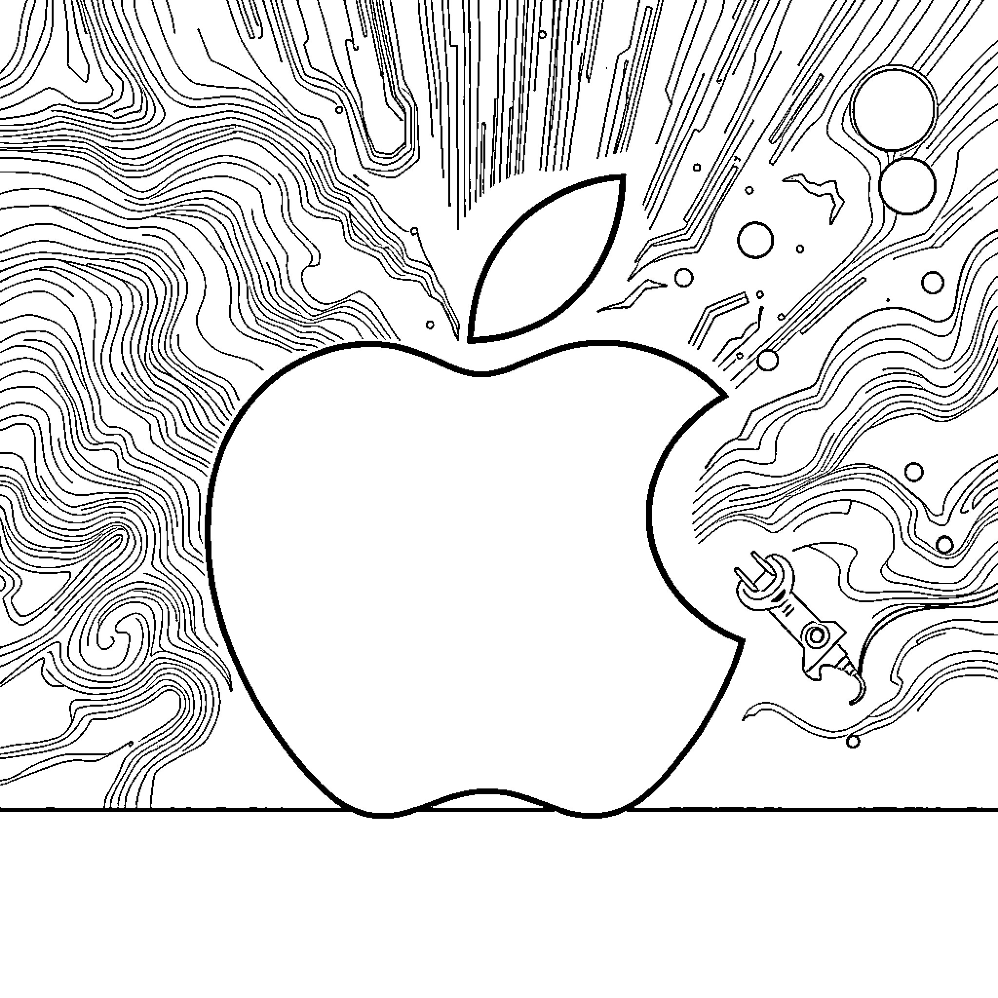 Apple logo surrounded by abstract lines and shapes Coloring Page (free black-and-white line drawing printable PDF for all, from beginners to advanced learners, including children, teens, adults, and seniors)