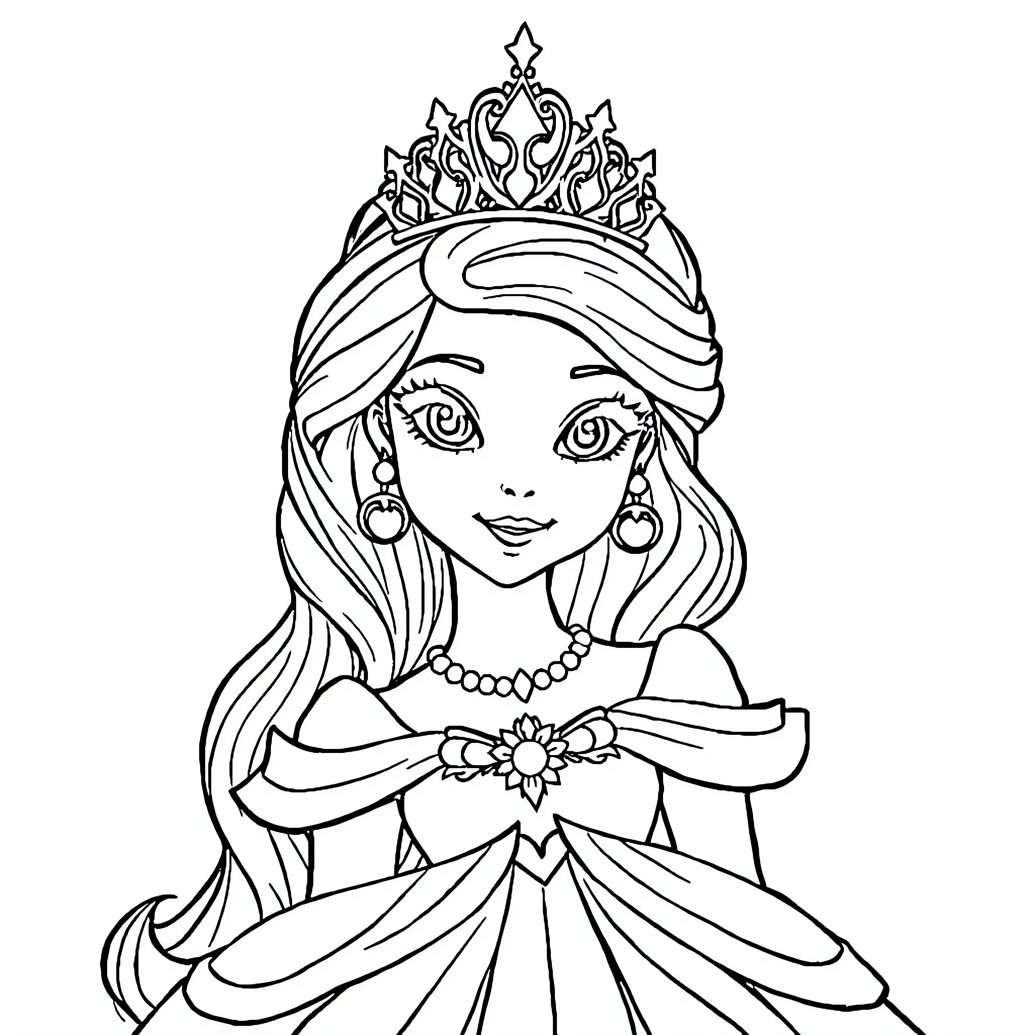 Princess in Elegant Gown and Crown Coloring Page (free black-and-white line drawing printable PDF for all, from beginners to advanced learners, including children, teens, adults, and seniors)