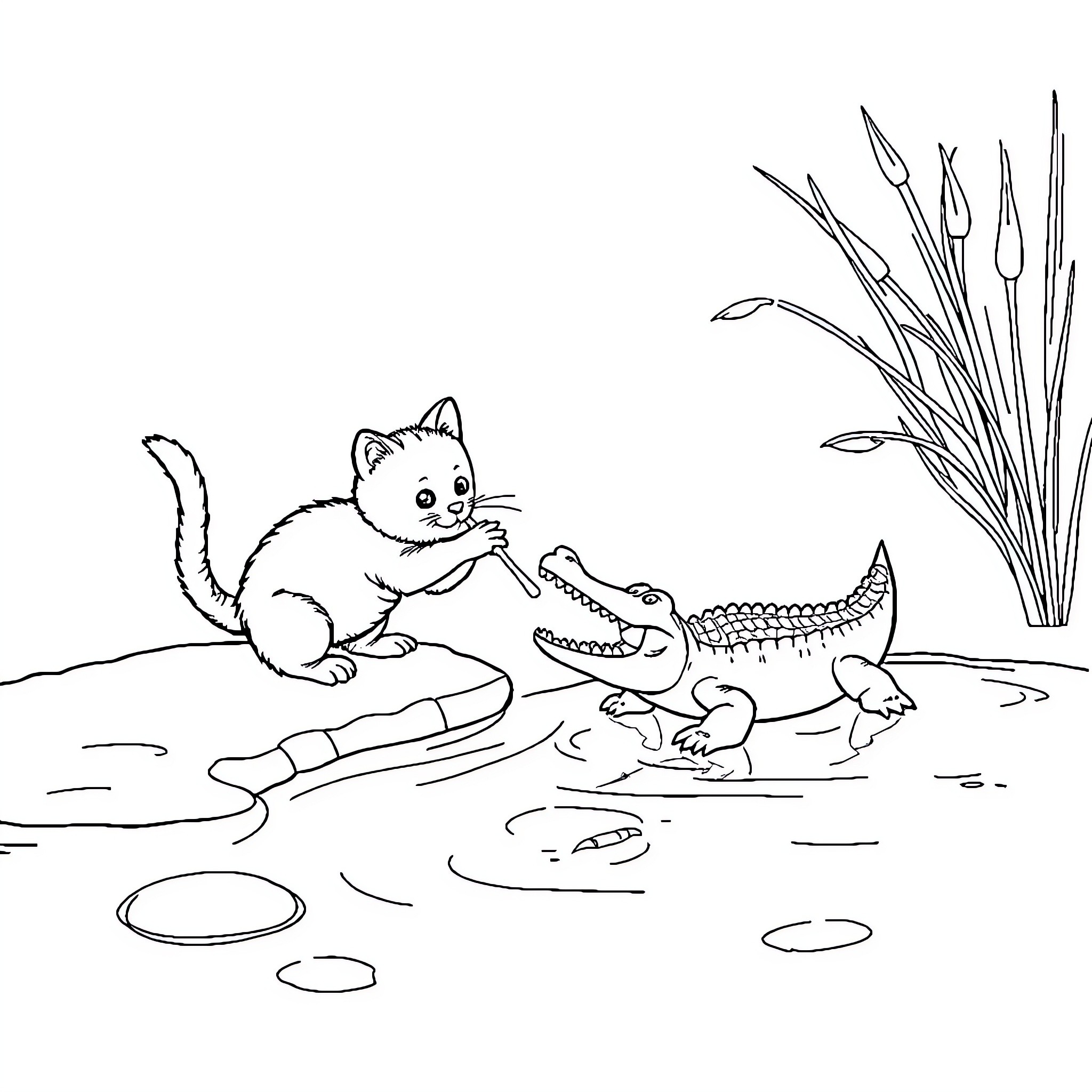 Cat and Alligator Playing by the Pond Coloring Page (free black-and-white line drawing printable PDF for all, from beginners to advanced learners, including children, teens, adults, and seniors)