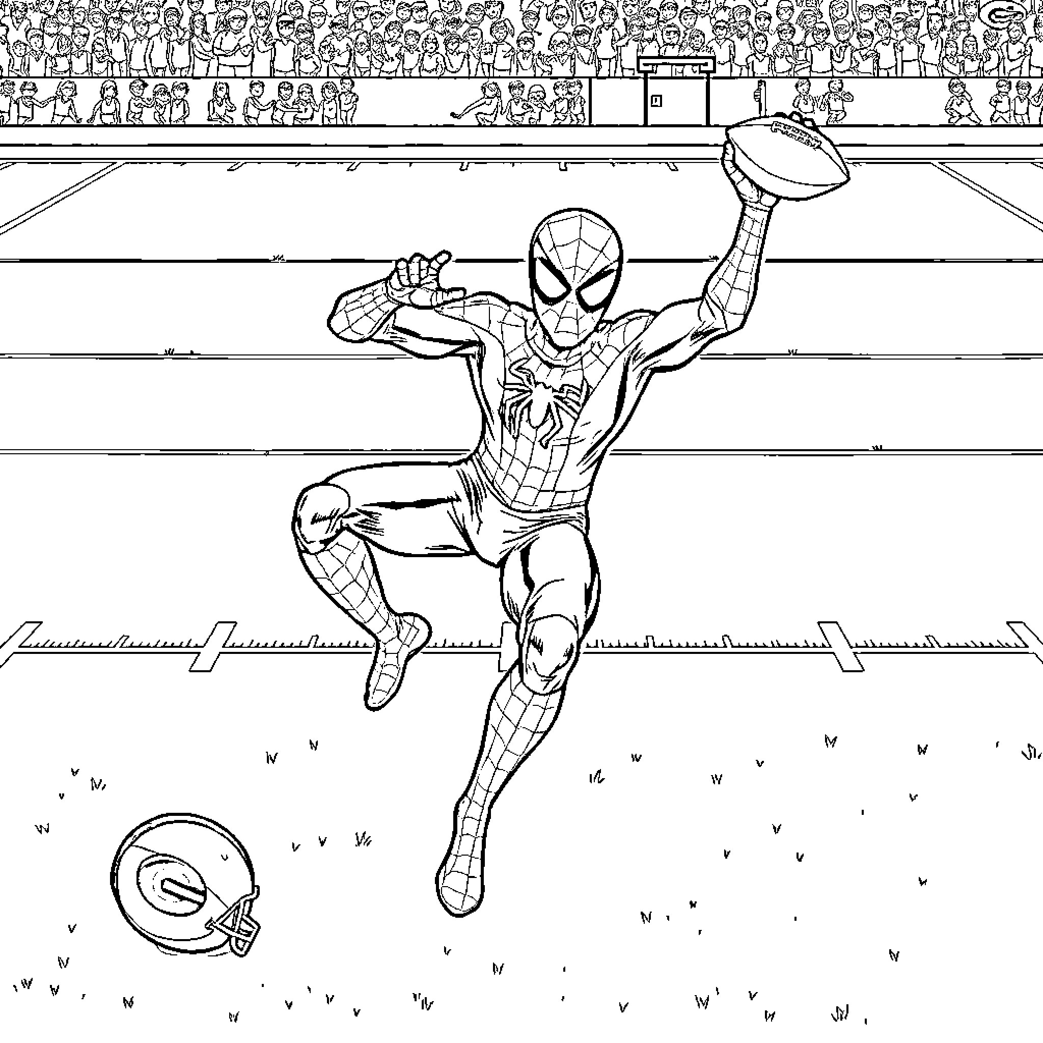 Spiderman leaping on the football field Coloring Page (free black-and-white line drawing printable PDF for all, from beginners to advanced learners, including children, teens, adults, and seniors)
