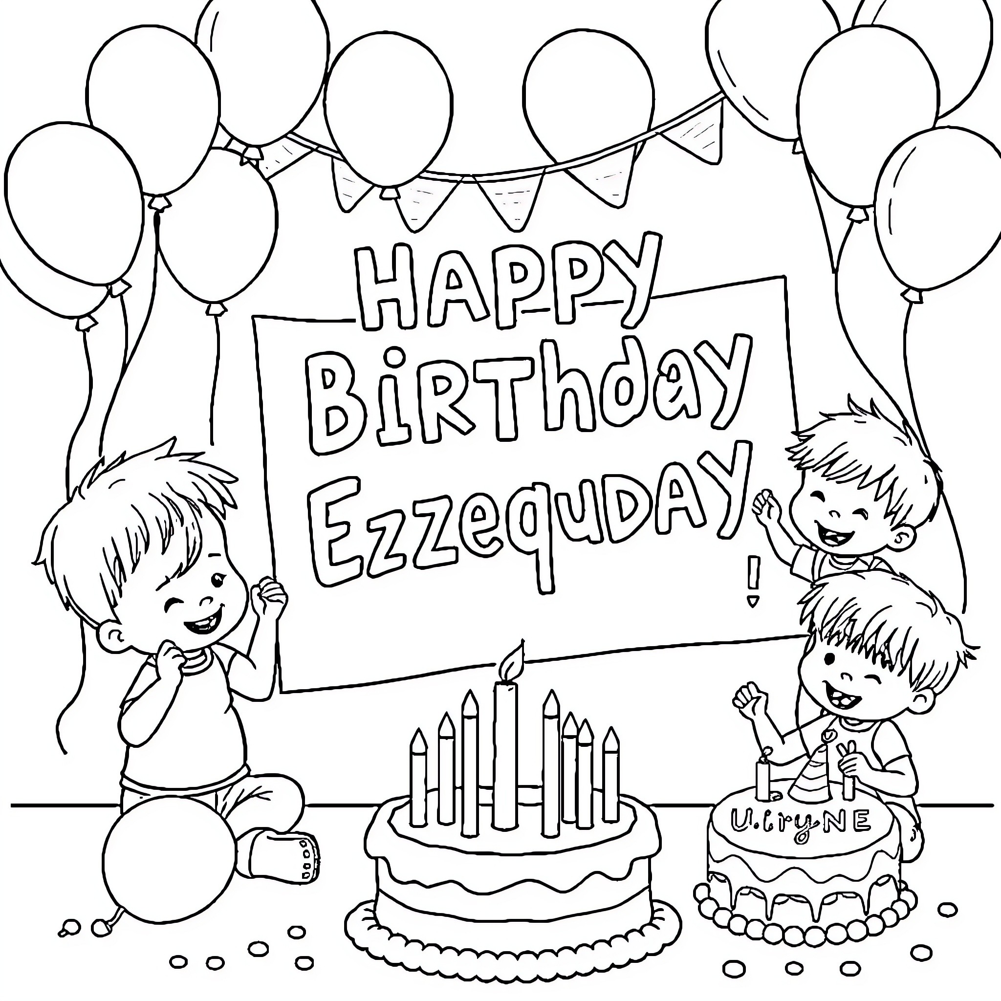 Child celebrating a happy birthday party Coloring Page (free black-and-white line drawing printable PDF for all, from beginners to advanced learners, including children, teens, adults, and seniors)