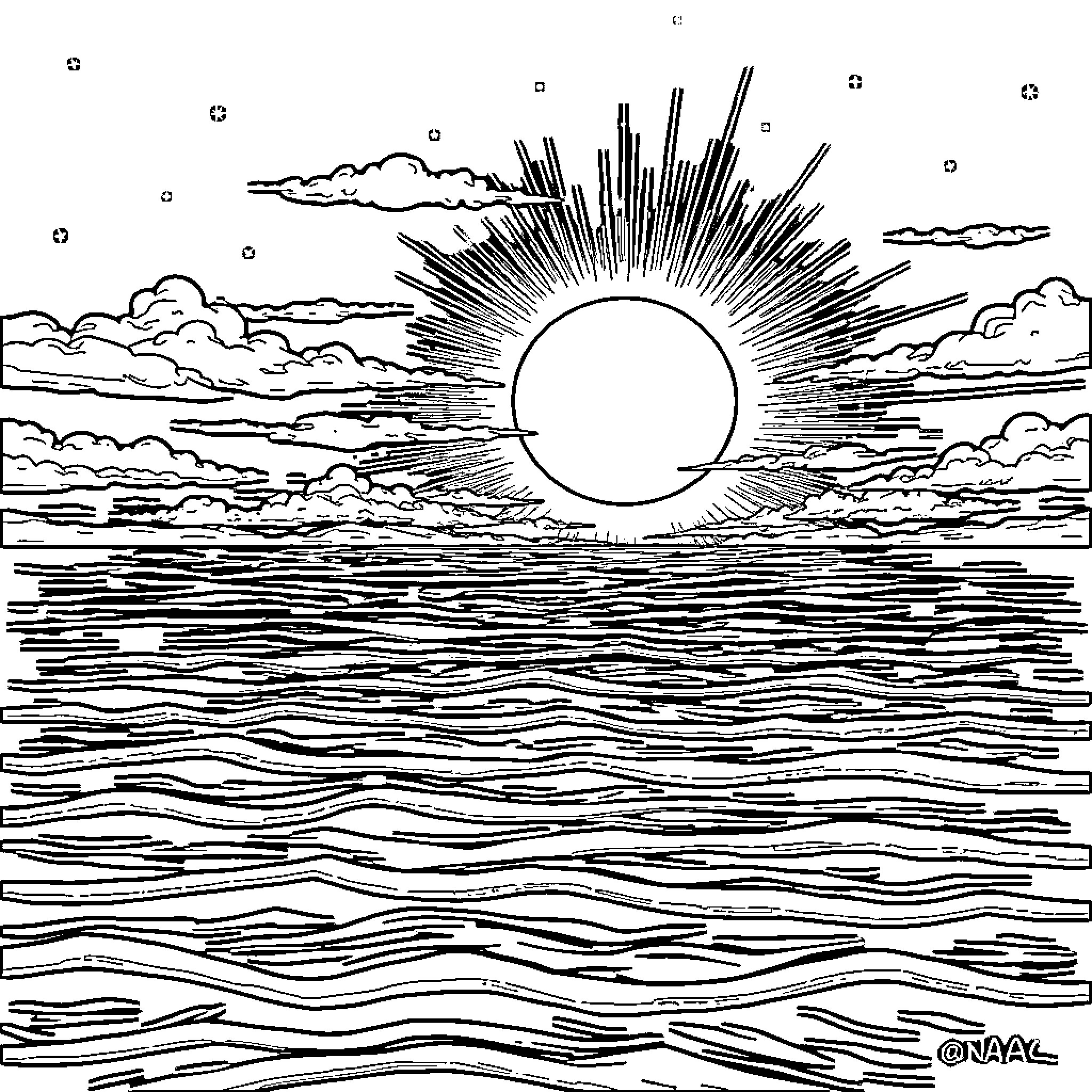 Sun rising over the serene ocean waves Coloring Page (free black-and-white line drawing printable PDF for all, from beginners to advanced learners, including children, teens, adults, and seniors)