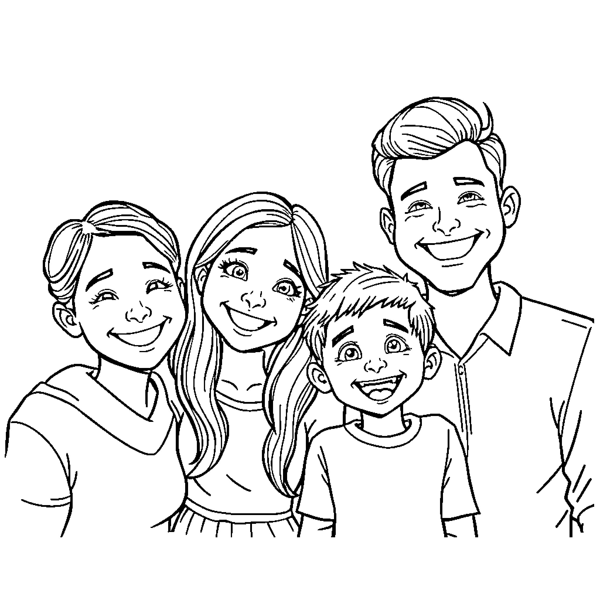 Family Enjoying a Joyful Moment Together Coloring Page (free black-and-white line drawing printable PDF for all, from beginners to advanced learners, including children, teens, adults, and seniors)