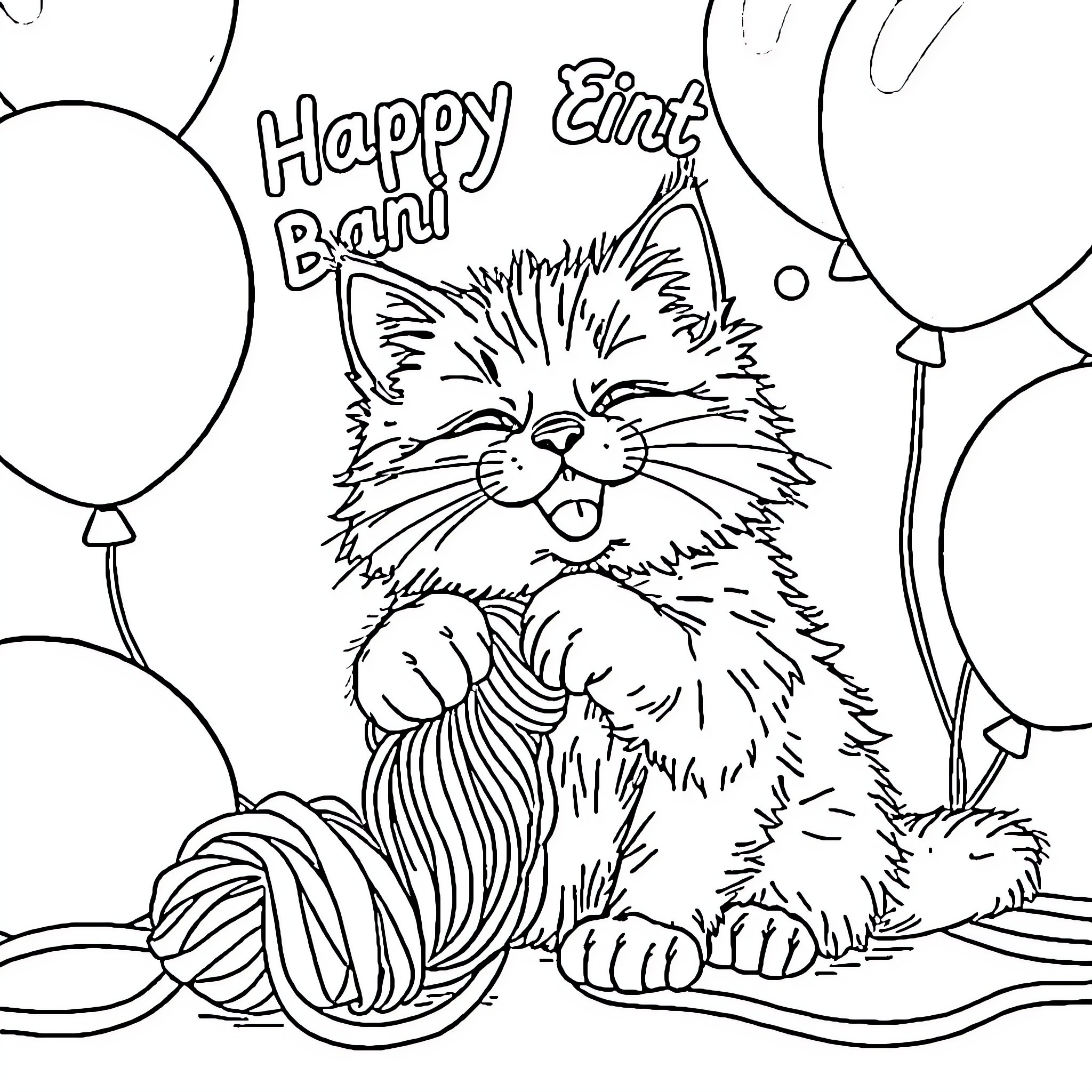 Cat with party balloons celebrating Coloring Page (free black-and-white line drawing printable PDF for all, from beginners to advanced learners, including children, teens, adults, and seniors)