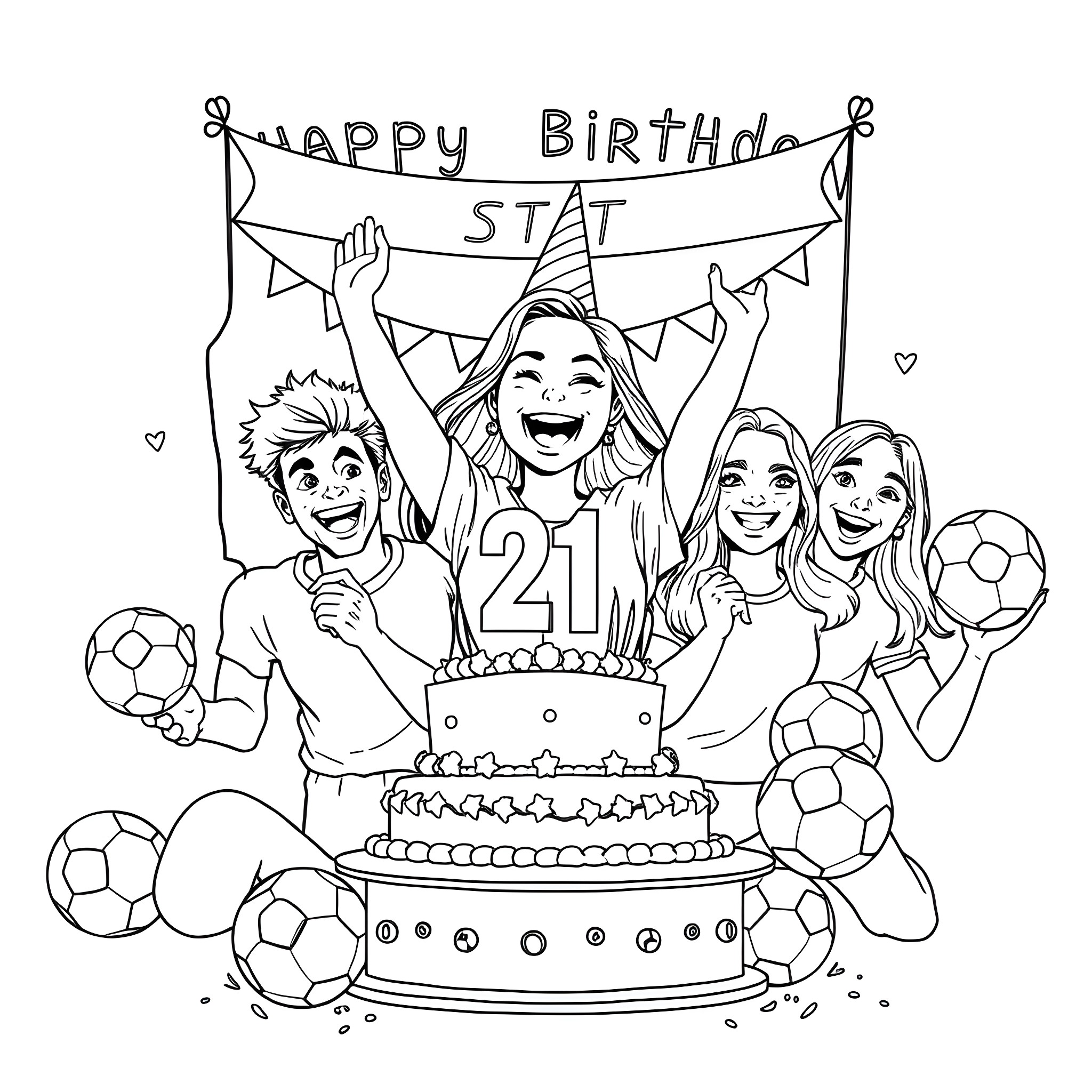 Birthday Girl Celebrates 21st with Friends and Cake Coloring Page (free black-and-white line drawing printable PDF for all, from beginners to advanced learners, including children, teens, adults, and seniors)