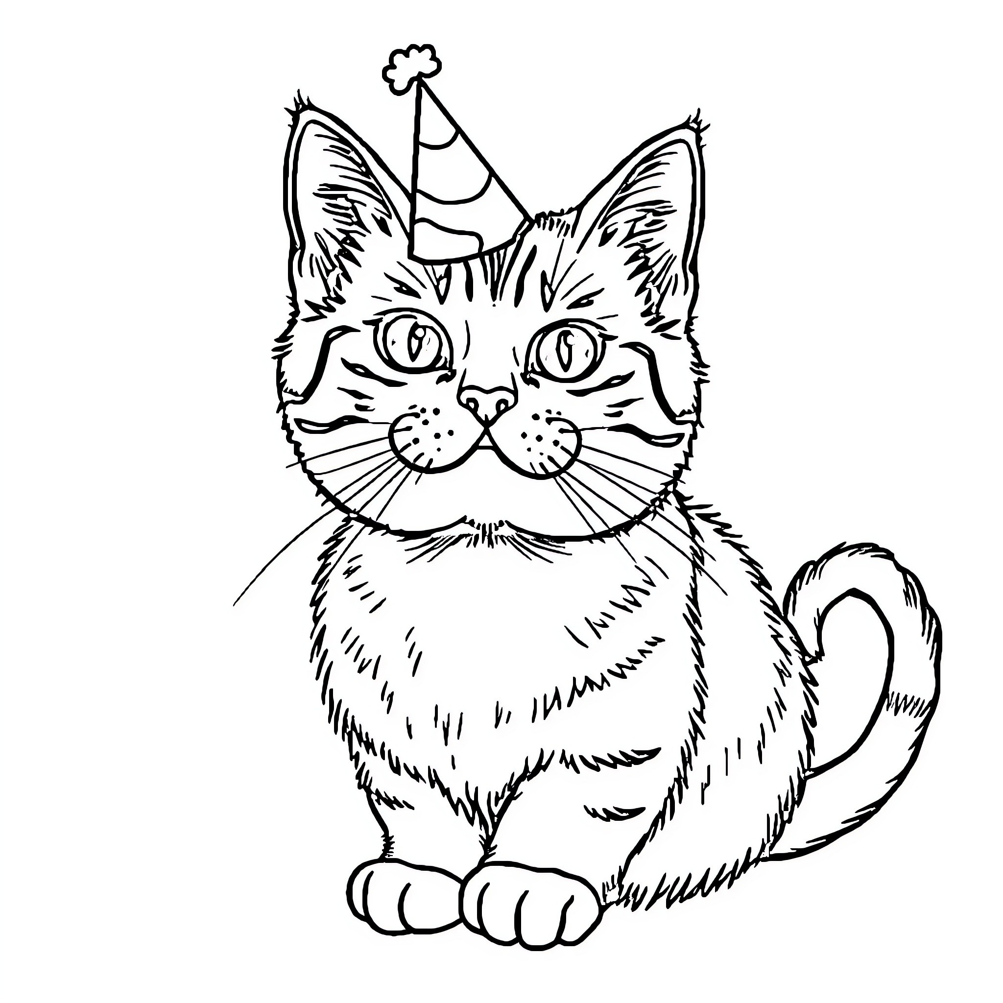 Cat wearing a party hat Coloring Page (free black-and-white line drawing printable PDF for all, from beginners to advanced learners, including children, teens, adults, and seniors)