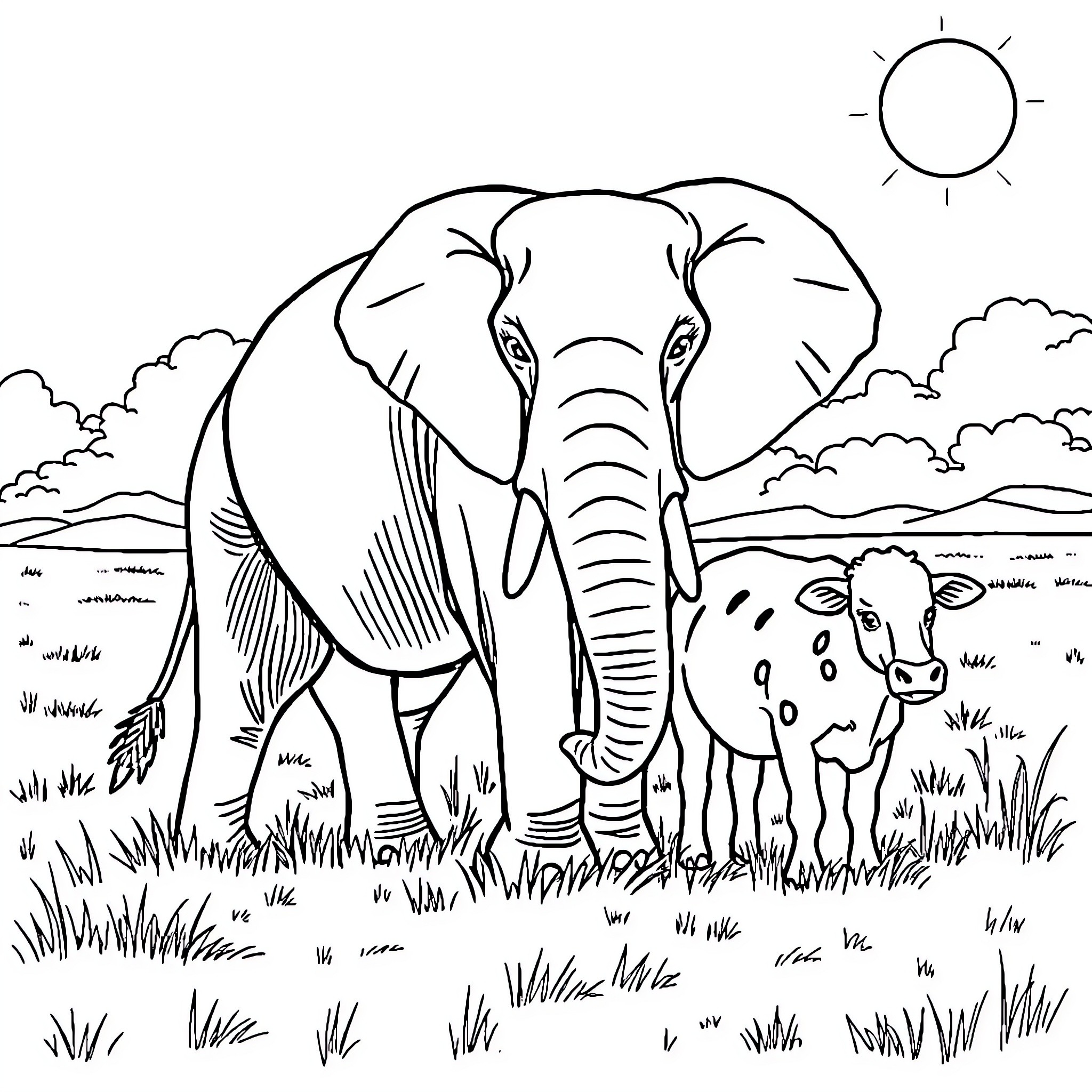 Elephant and calf in natural landscape Coloring Page (free black-and-white line drawing printable PDF for all, from beginners to advanced learners, including children, teens, adults, and seniors)