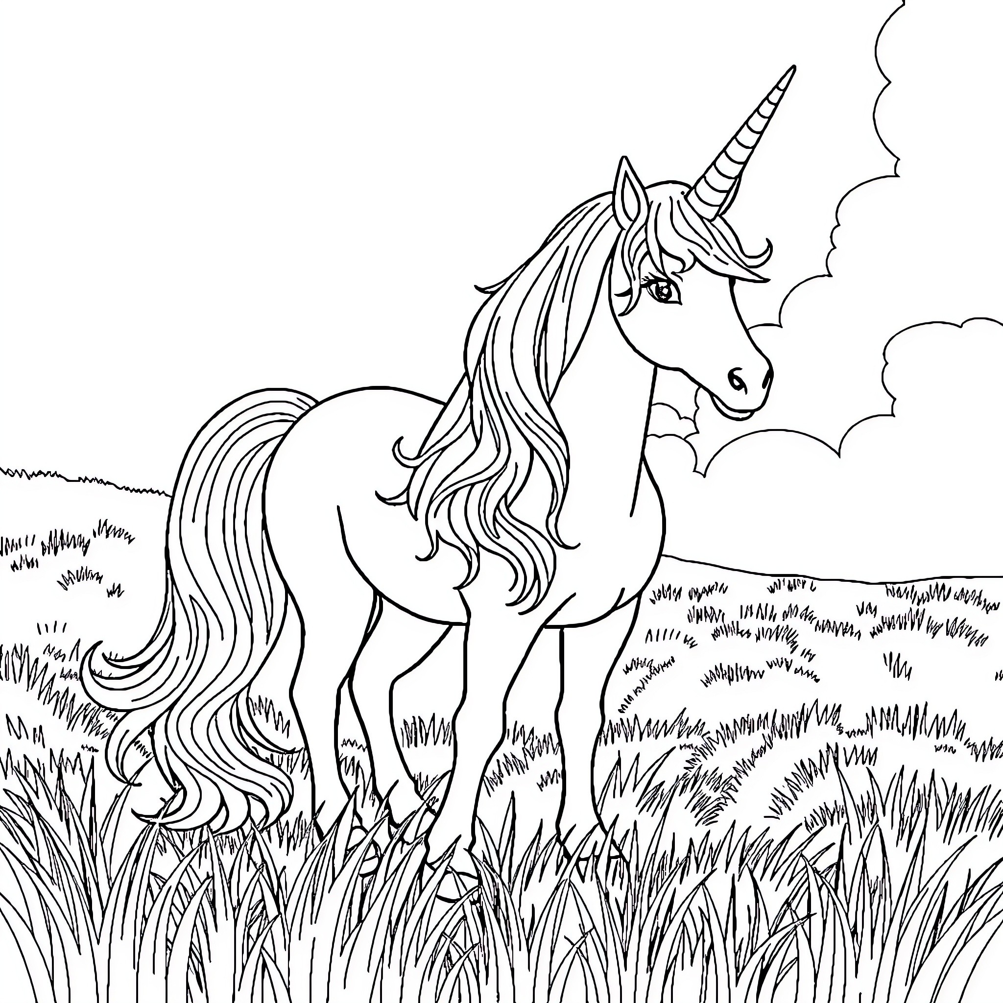 Unicorn gracefully standing in a magical field Coloring Page (free black-and-white line drawing printable PDF for all, from beginners to advanced learners, including children, teens, adults, and seniors)