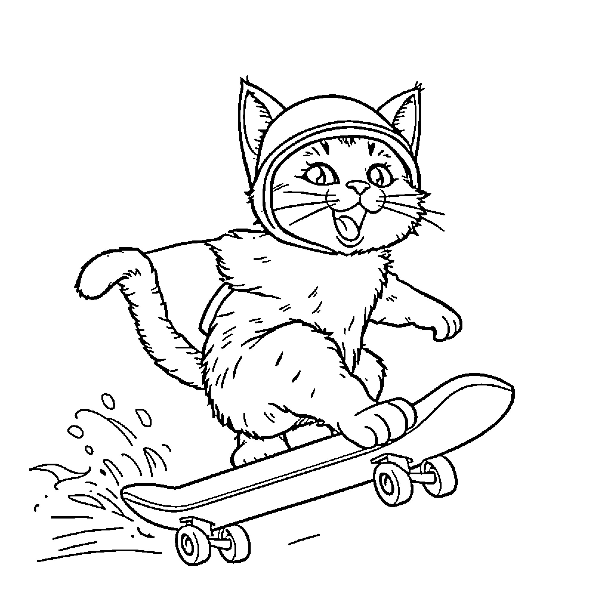 Cat riding a skateboard with excitement Coloring Page (free black-and-white line drawing printable PDF for all, from beginners to advanced learners, including children, teens, adults, and seniors)
