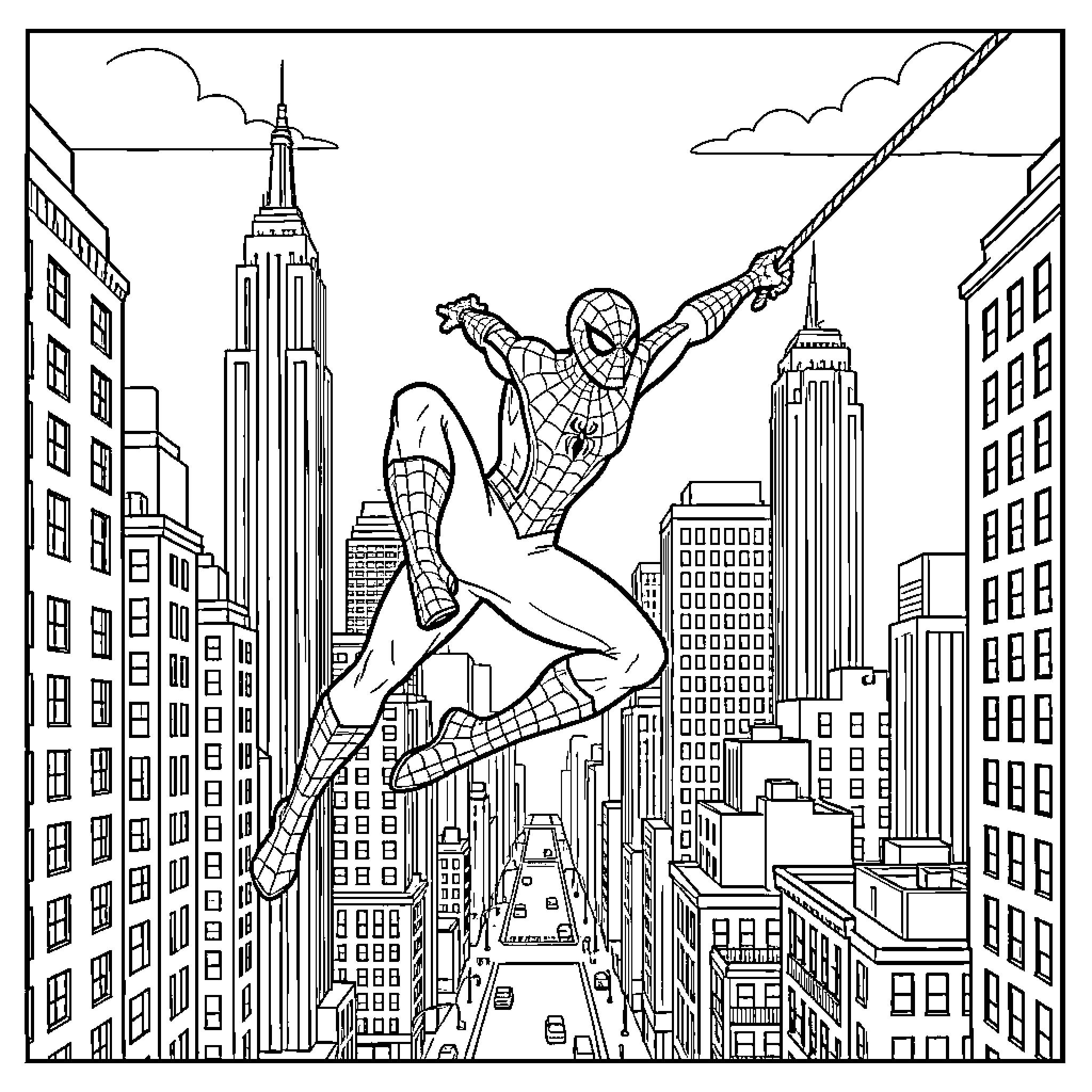Spider-Man swinging through the city skyline Coloring Page (free black-and-white line drawing printable PDF for all, from beginners to advanced learners, including children, teens, adults, and seniors)