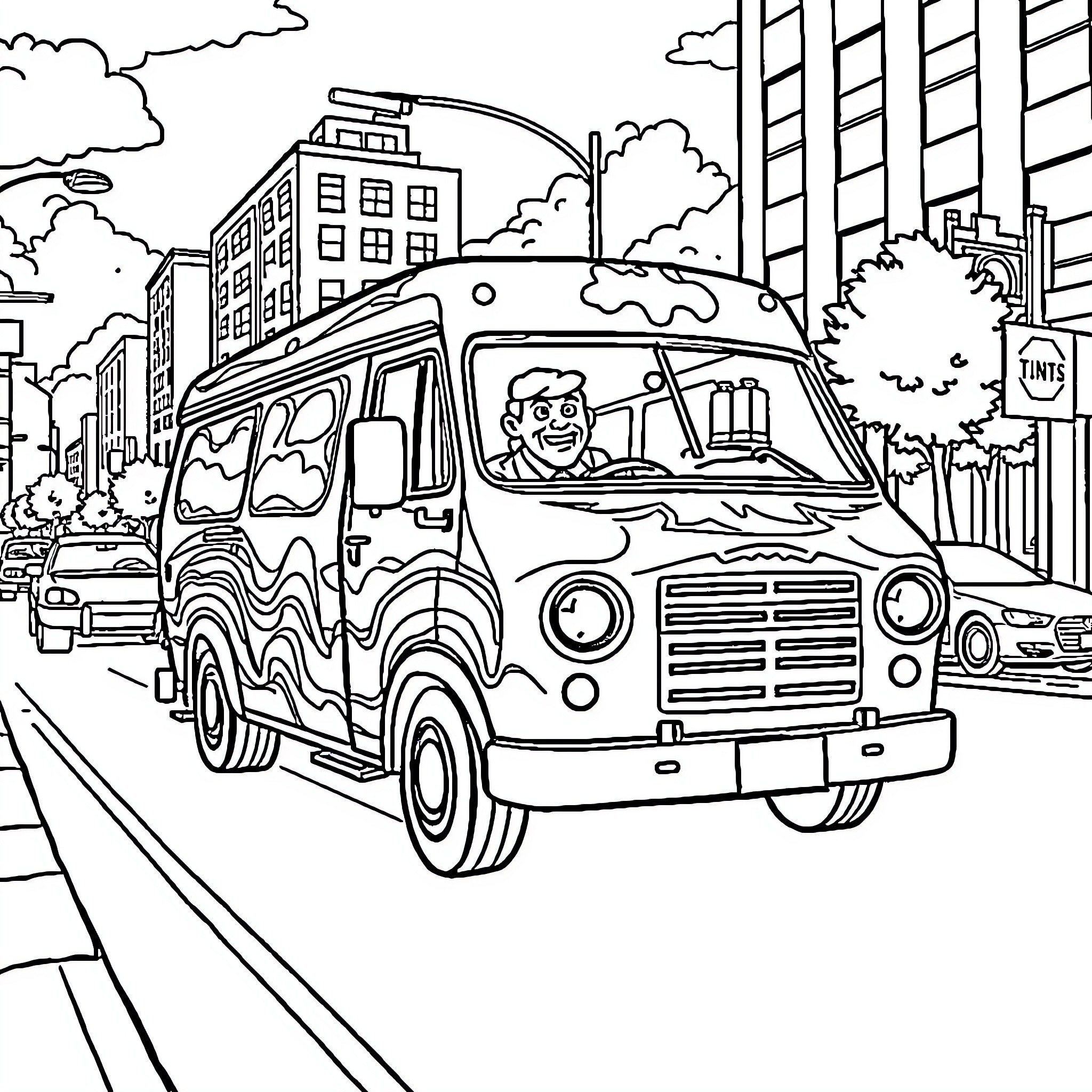 Mr T's Food Truck Serving the City Coloring Page (free black-and-white line drawing printable PDF for all, from beginners to advanced learners, including children, teens, adults, and seniors)