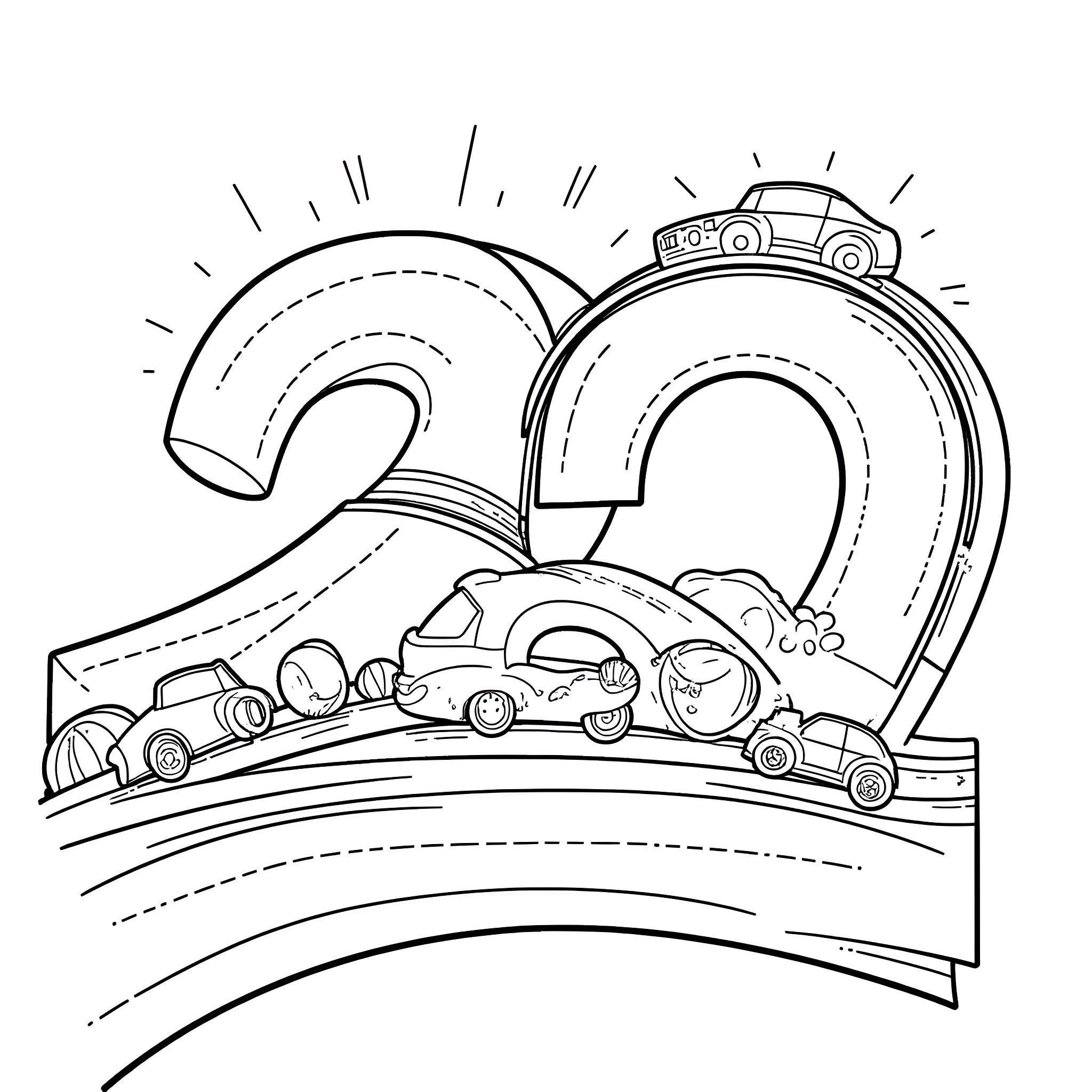 Hot Wheels racing through a winding track Coloring Page (free black-and-white line drawing printable PDF for all, from beginners to advanced learners, including children, teens, adults, and seniors)