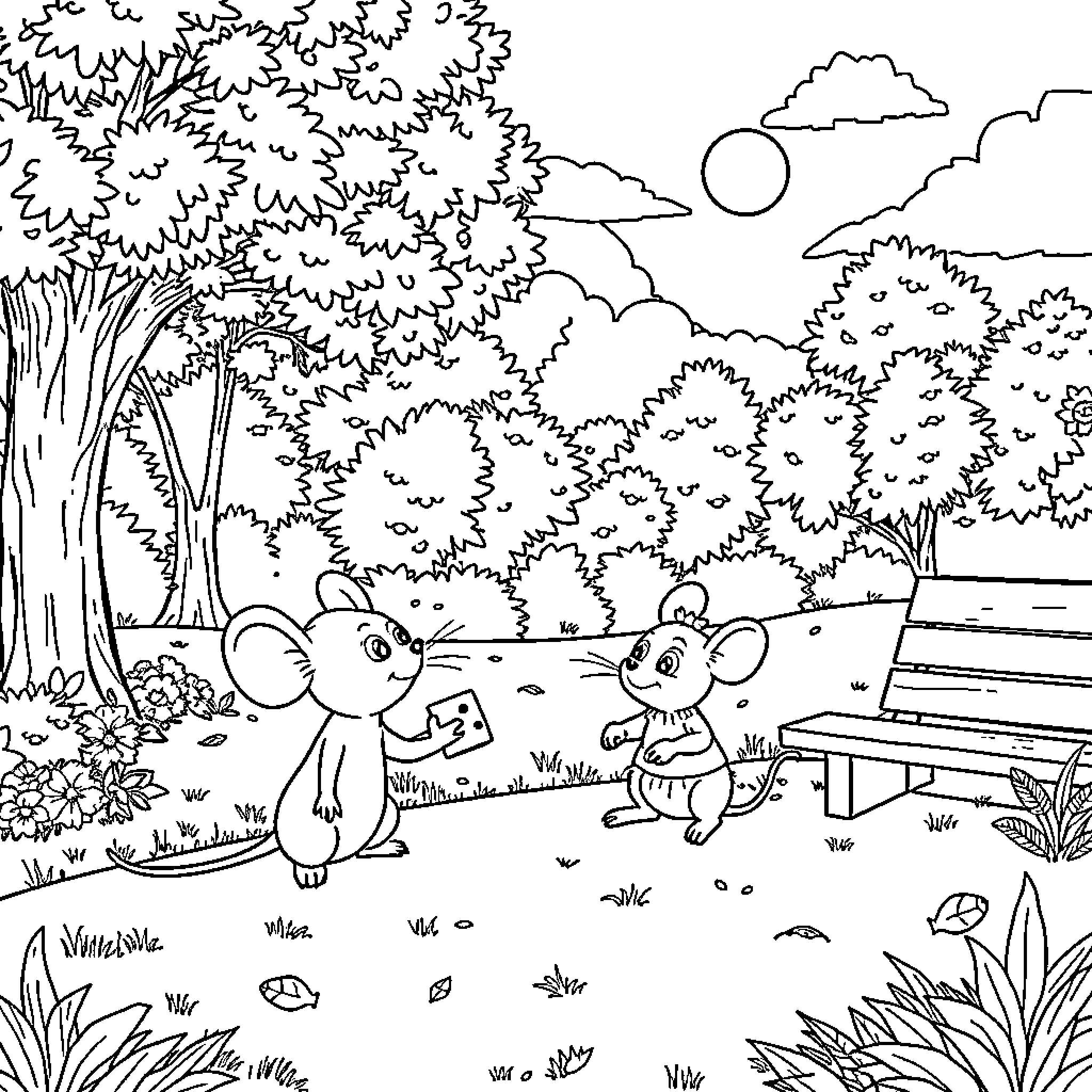 Mouse friends playing in the peaceful park Coloring Page (free black-and-white line drawing printable PDF for all, from beginners to advanced learners, including children, teens, adults, and seniors)