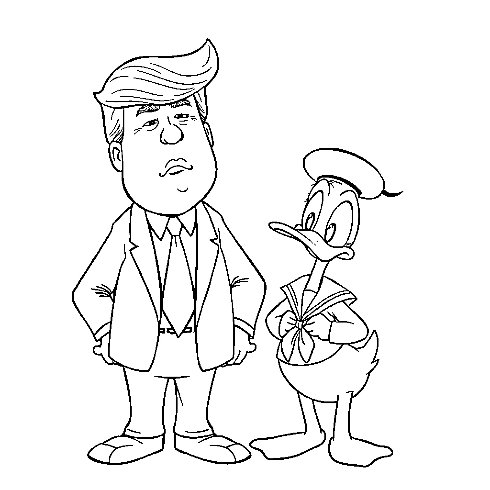 Donald Interacting with Cartoon Character Coloring Page (free black-and-white line drawing printable PDF for all, from beginners to advanced learners, including children, teens, adults, and seniors)