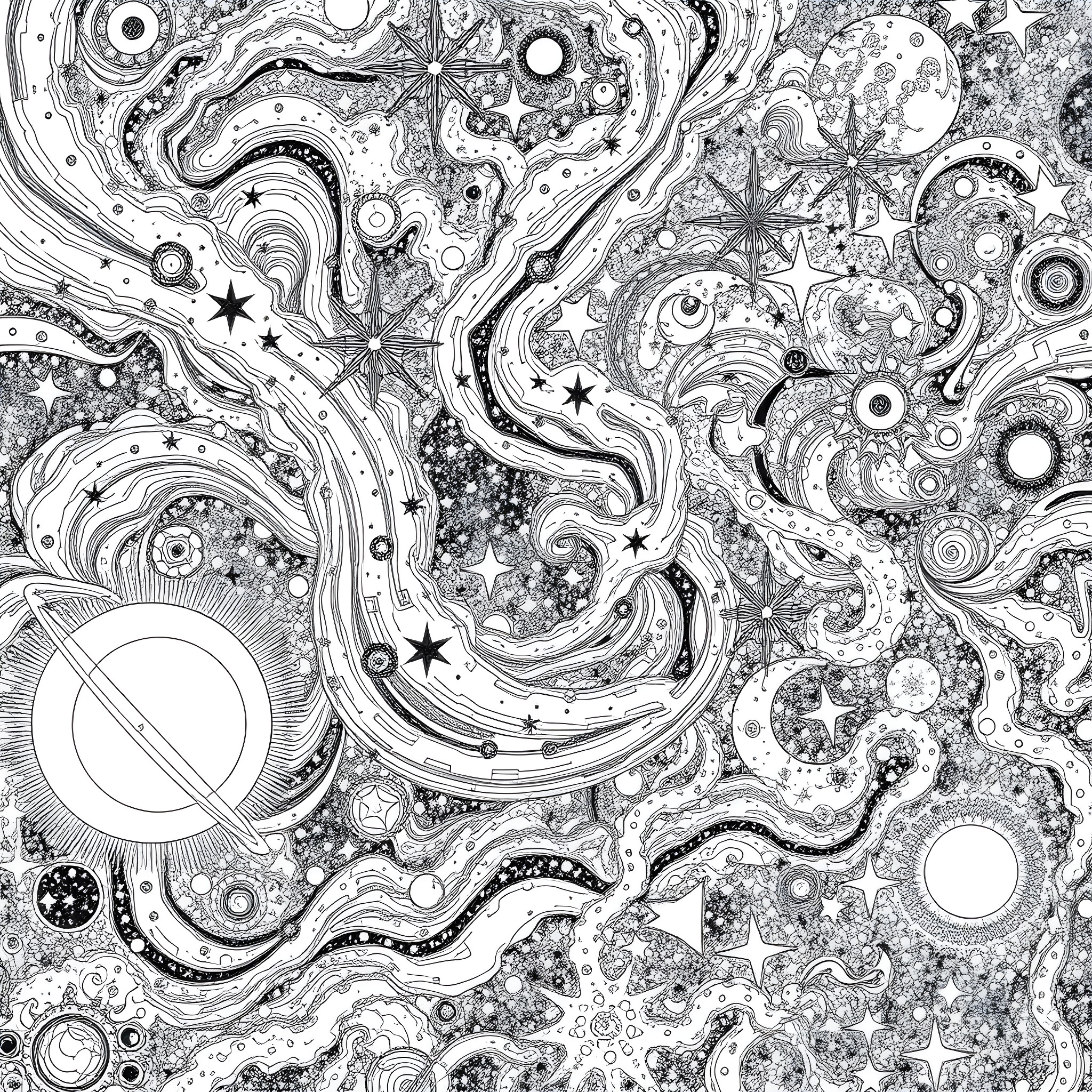 Universe of Cosmic Shapes and Patterns Coloring Page (free black-and-white line drawing printable PDF for all, from beginners to advanced learners, including children, teens, adults, and seniors)