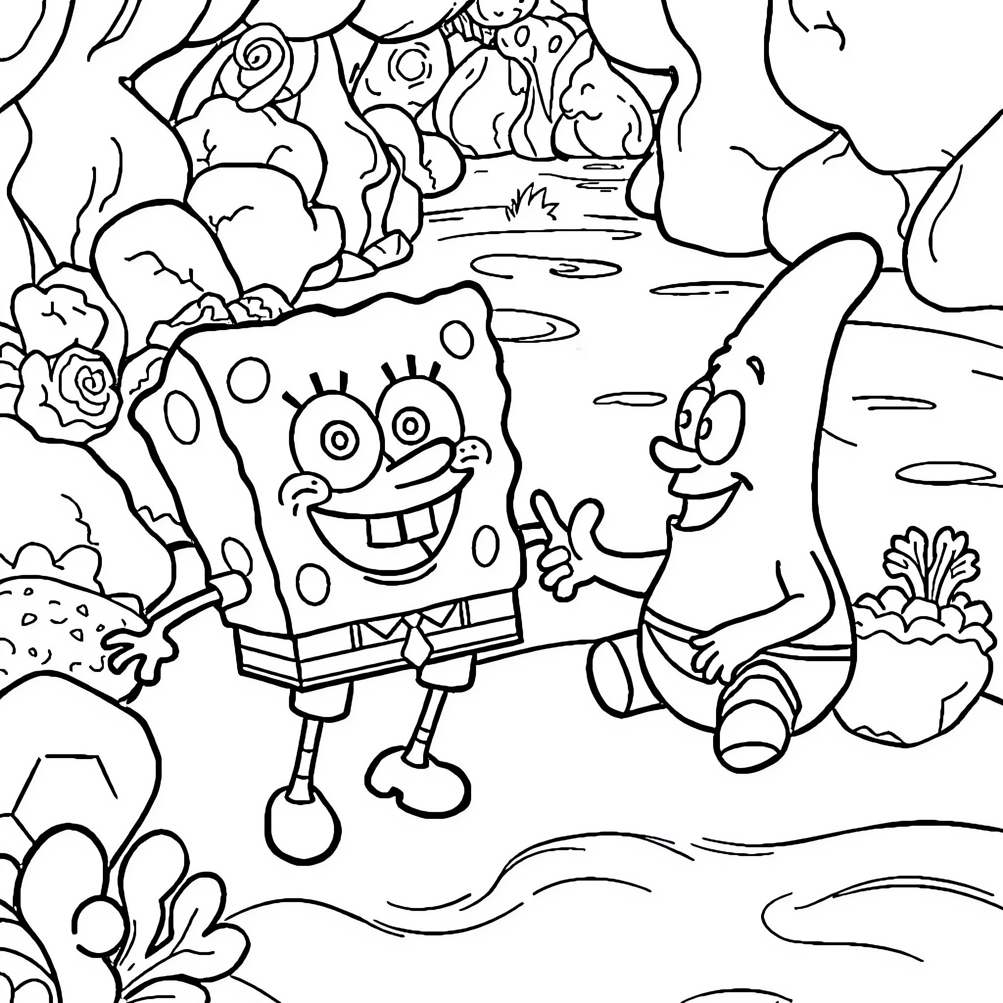 Spongebob and Patrick having fun in the underwater world Coloring Page (free black-and-white line drawing printable PDF for all, from beginners to advanced learners, including children, teens, adults, and seniors)