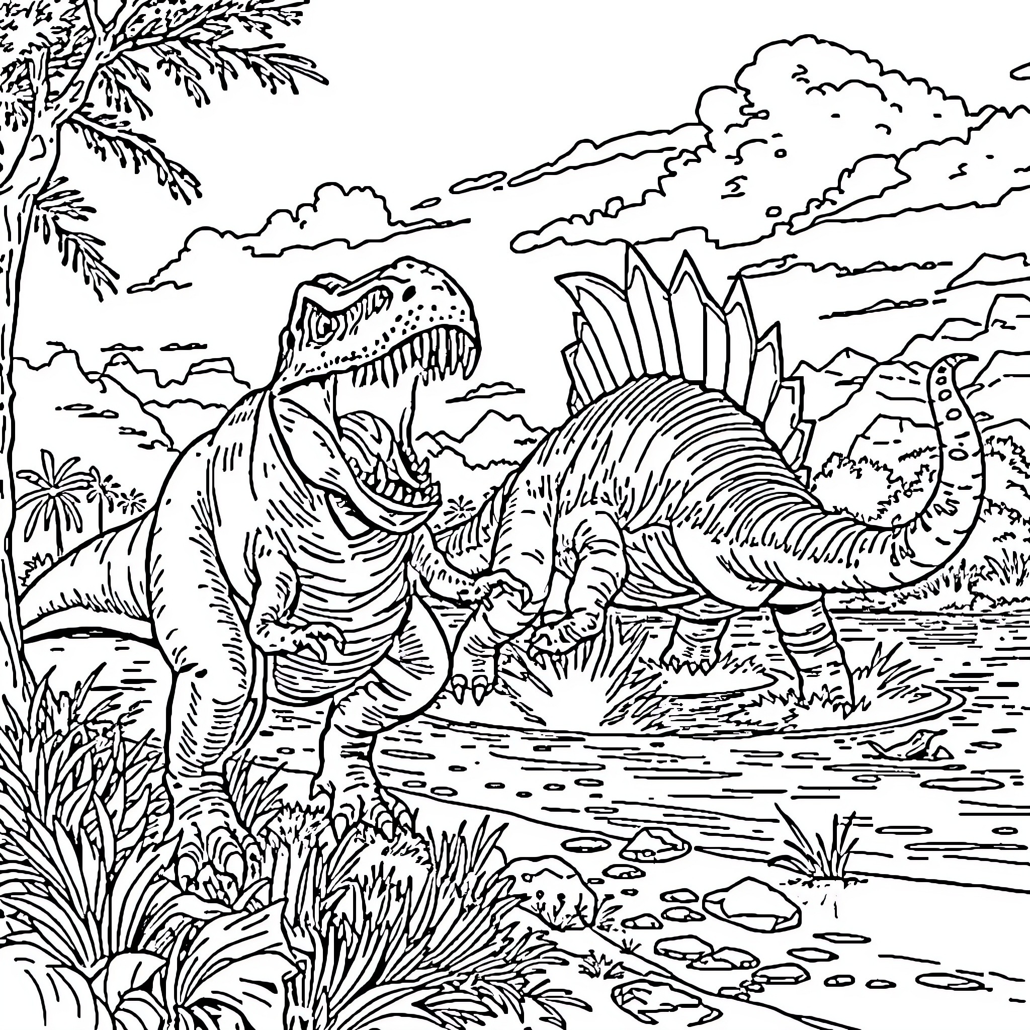 T-Rex in Prehistoric Landscape Coloring Page (free black-and-white line drawing printable PDF for all, from beginners to advanced learners, including children, teens, adults, and seniors)