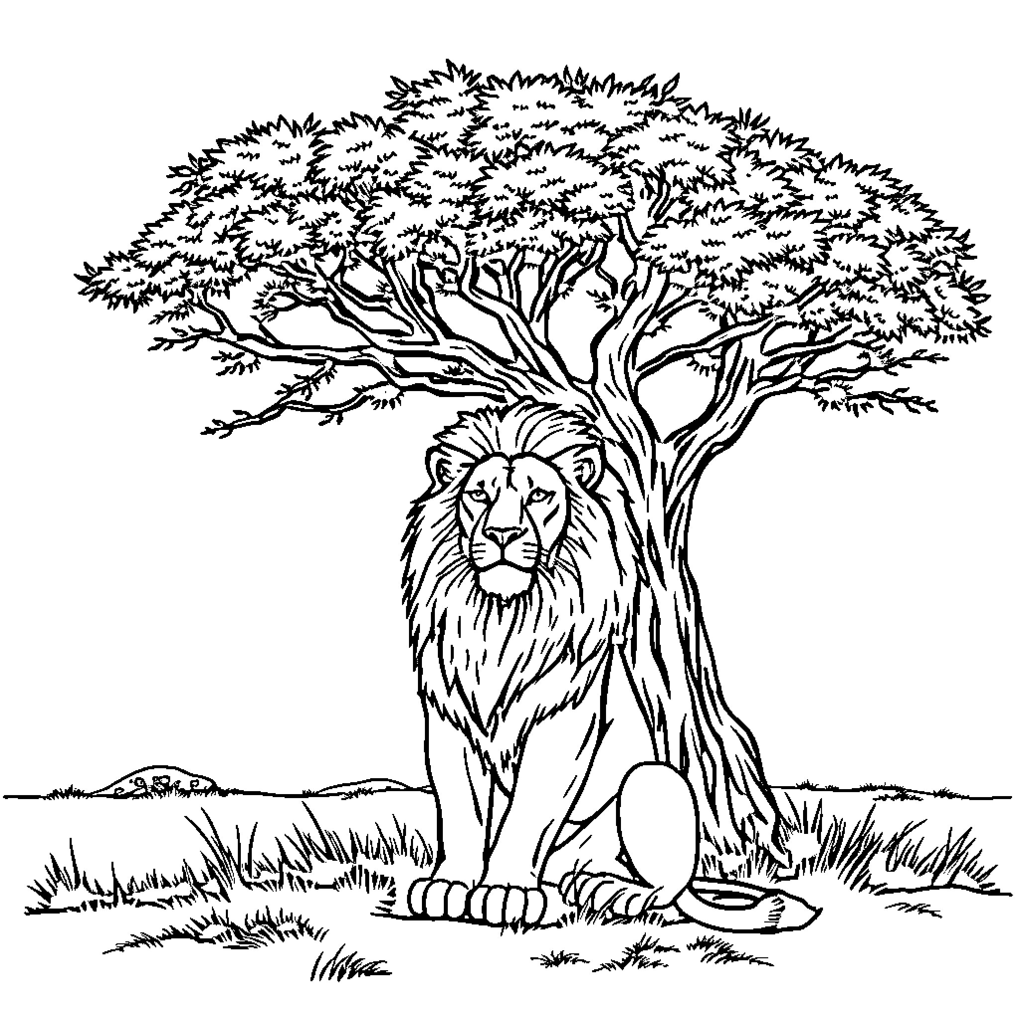 Lion resting under a large tree Coloring Page (free black-and-white line drawing printable PDF for all, from beginners to advanced learners, including children, teens, adults, and seniors)