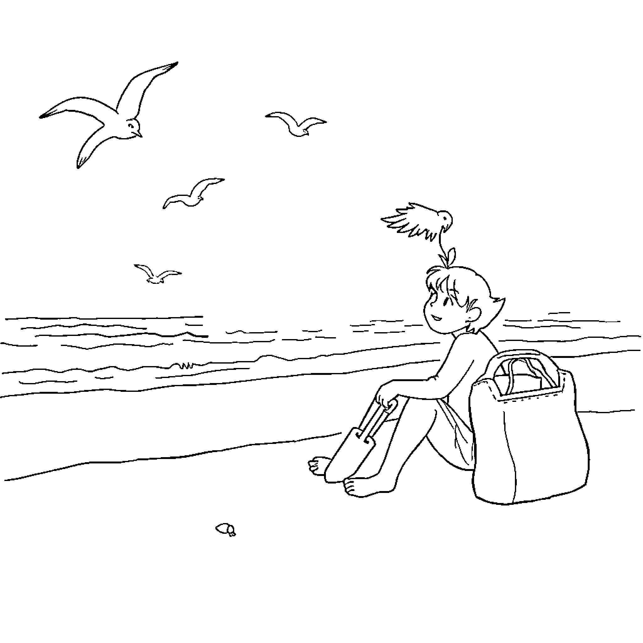 Beach scene with person sitting and seagulls flying Coloring Page (free black-and-white line drawing printable PDF for all, from beginners to advanced learners, including children, teens, adults, and seniors)