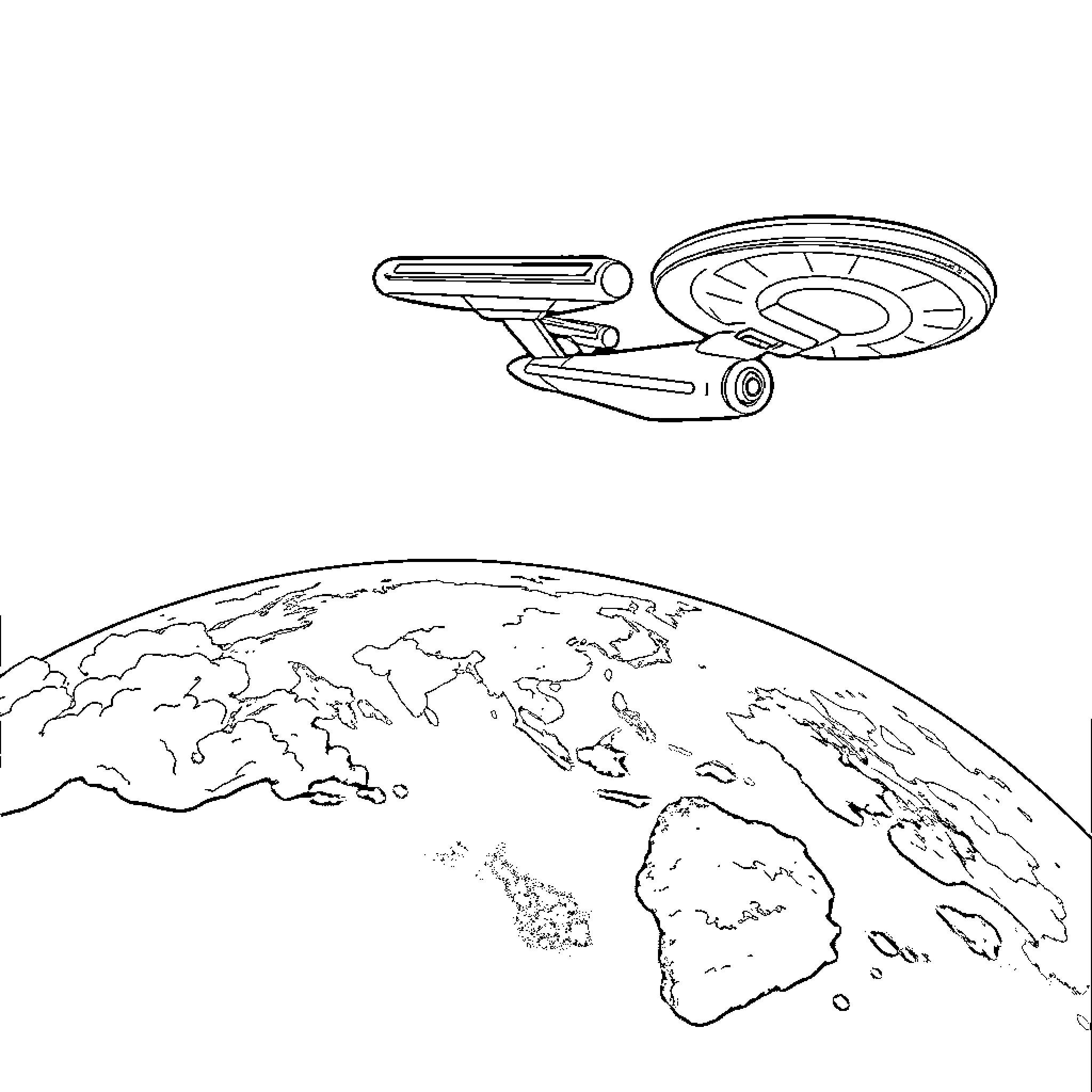 USS Enterprise Exploring the Final Frontier Coloring Page (free black-and-white line drawing printable PDF for all, from beginners to advanced learners, including children, teens, adults, and seniors)