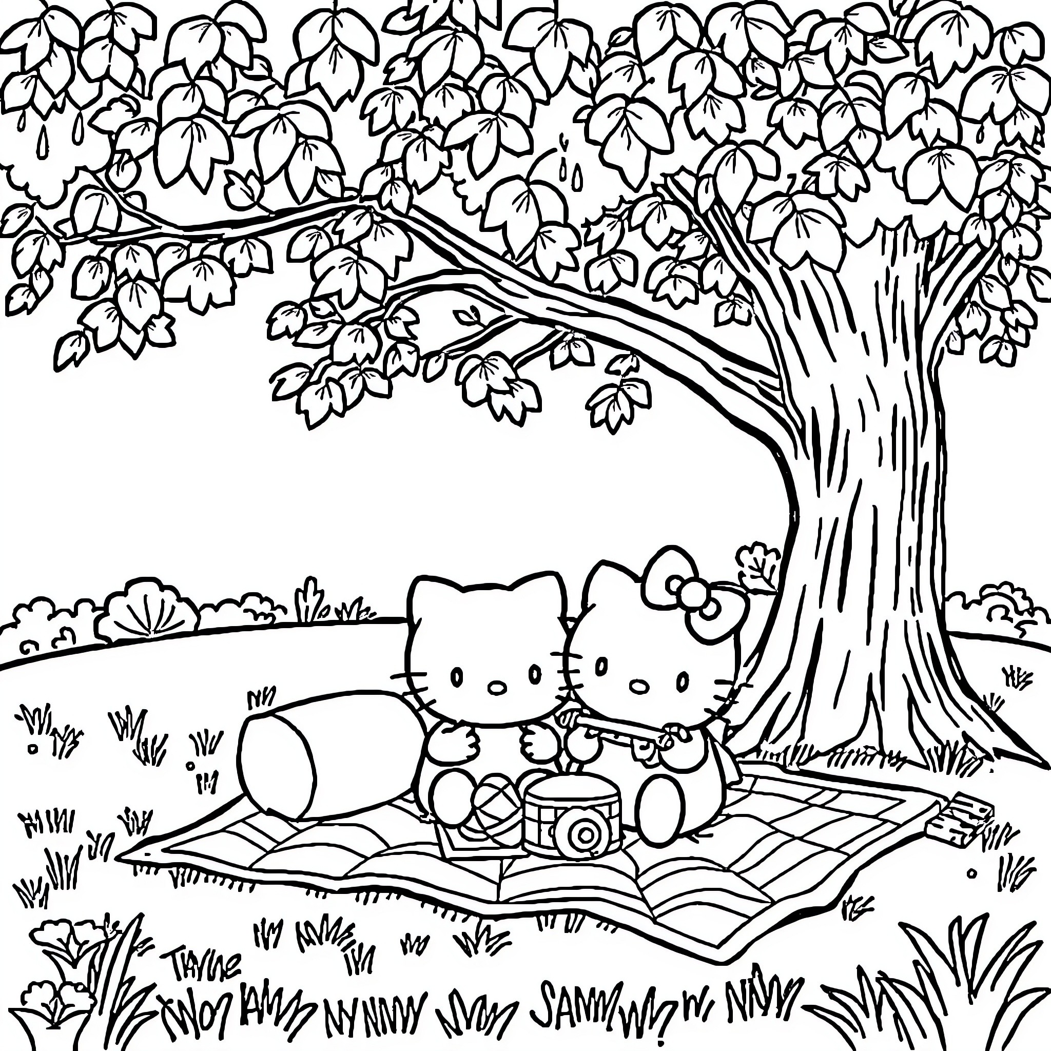 Hello Kitty playing in the forest with friends Coloring Page (free black-and-white line drawing printable PDF for all, from beginners to advanced learners, including children, teens, adults, and seniors)