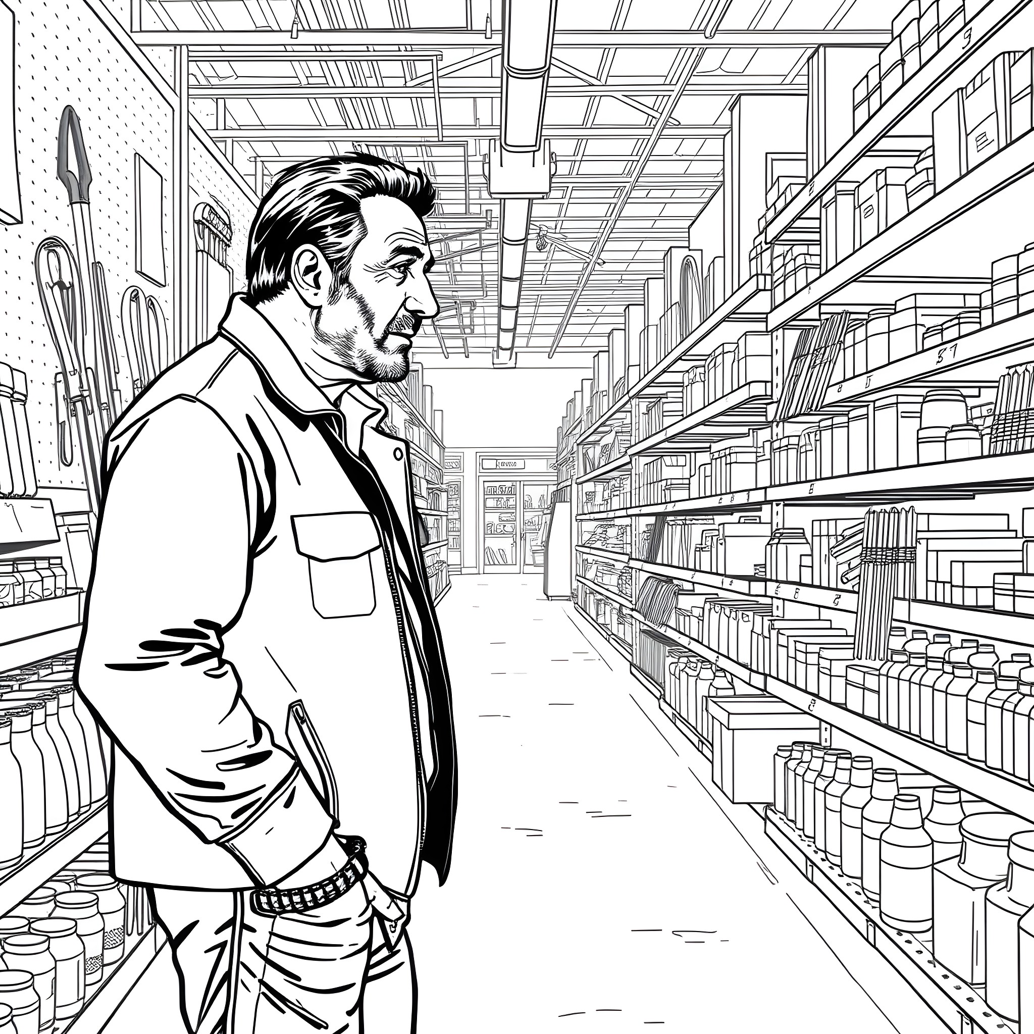 Liam Neeson exploring a mysterious bookstore Coloring Page (free black-and-white line drawing printable PDF for all, from beginners to advanced learners, including children, teens, adults, and seniors)