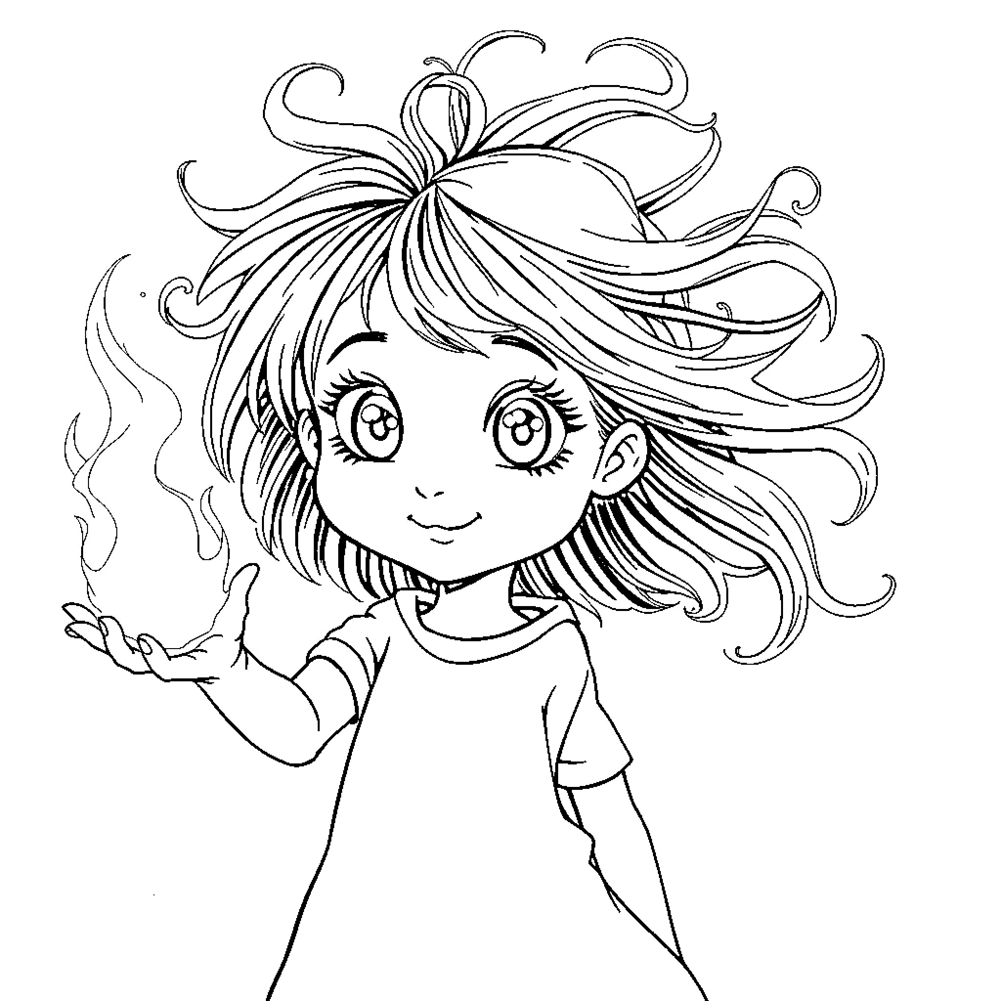 Girl with Lively Curly Hair and Whimsical Expression Coloring Page (free black-and-white line drawing printable PDF for all, from beginners to advanced learners, including children, teens, adults, and seniors)