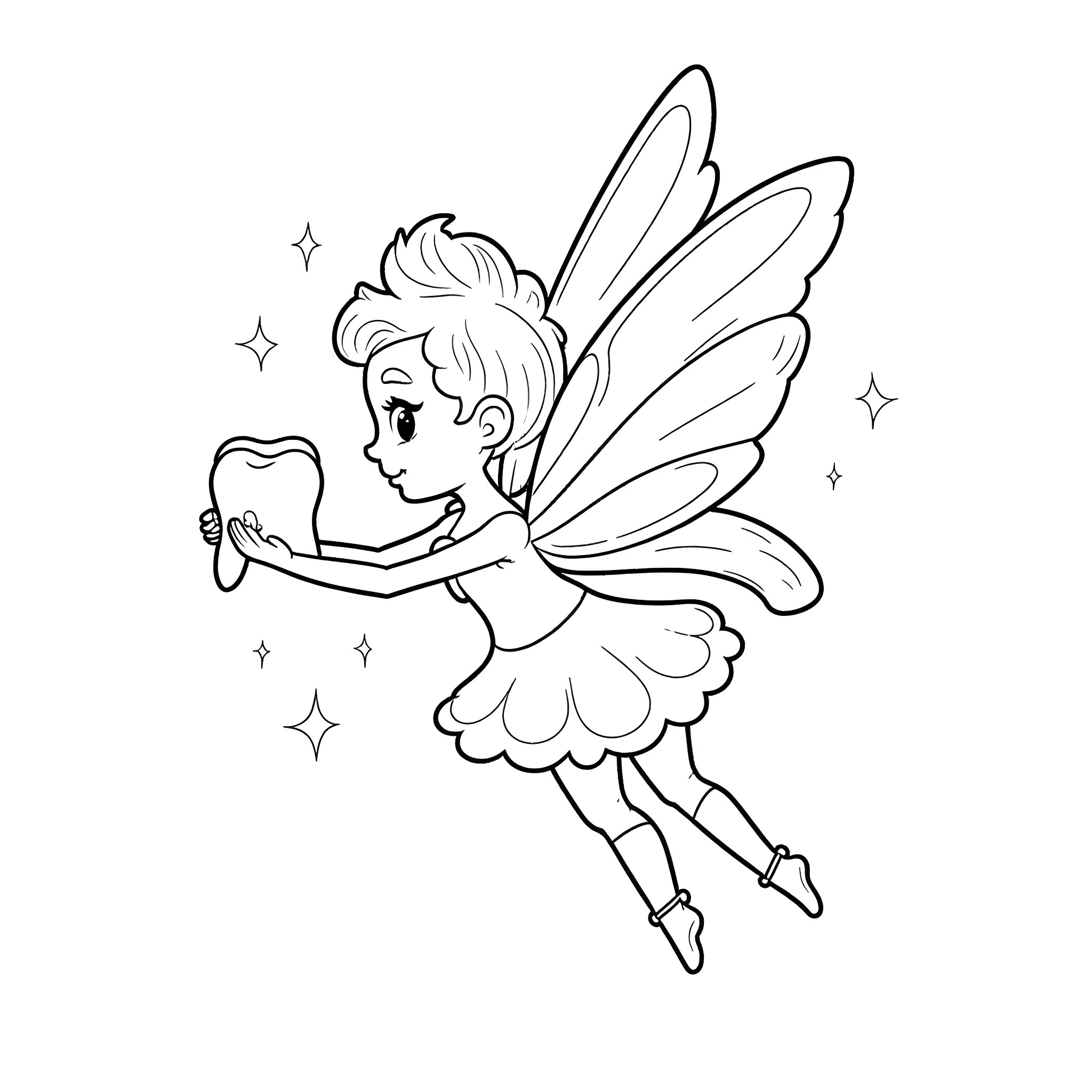 Tooth Fairy carrying a tooth and sparkling with joy Coloring Page (free black-and-white line drawing printable PDF for all, from beginners to advanced learners, including children, teens, adults, and seniors)