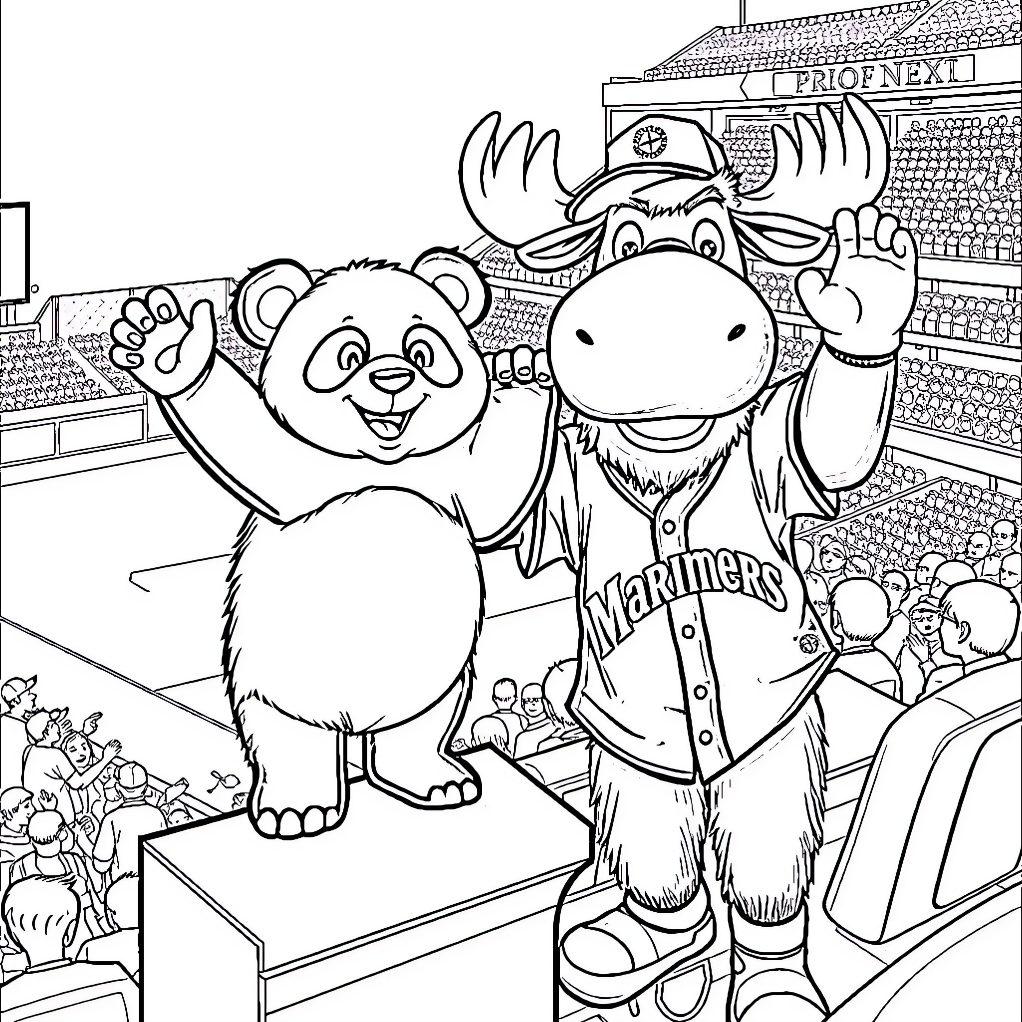 Panda and Mascot Cheering at Baseball Game Coloring Page (free black-and-white line drawing printable PDF for all, from beginners to advanced learners, including children, teens, adults, and seniors)