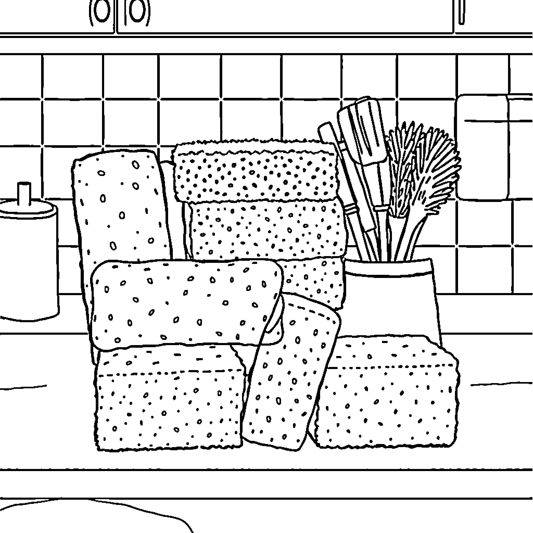 Sponge items in kitchen counter Coloring Page (free black-and-white line drawing printable PDF for all, from beginners to advanced learners, including children, teens, adults, and seniors)