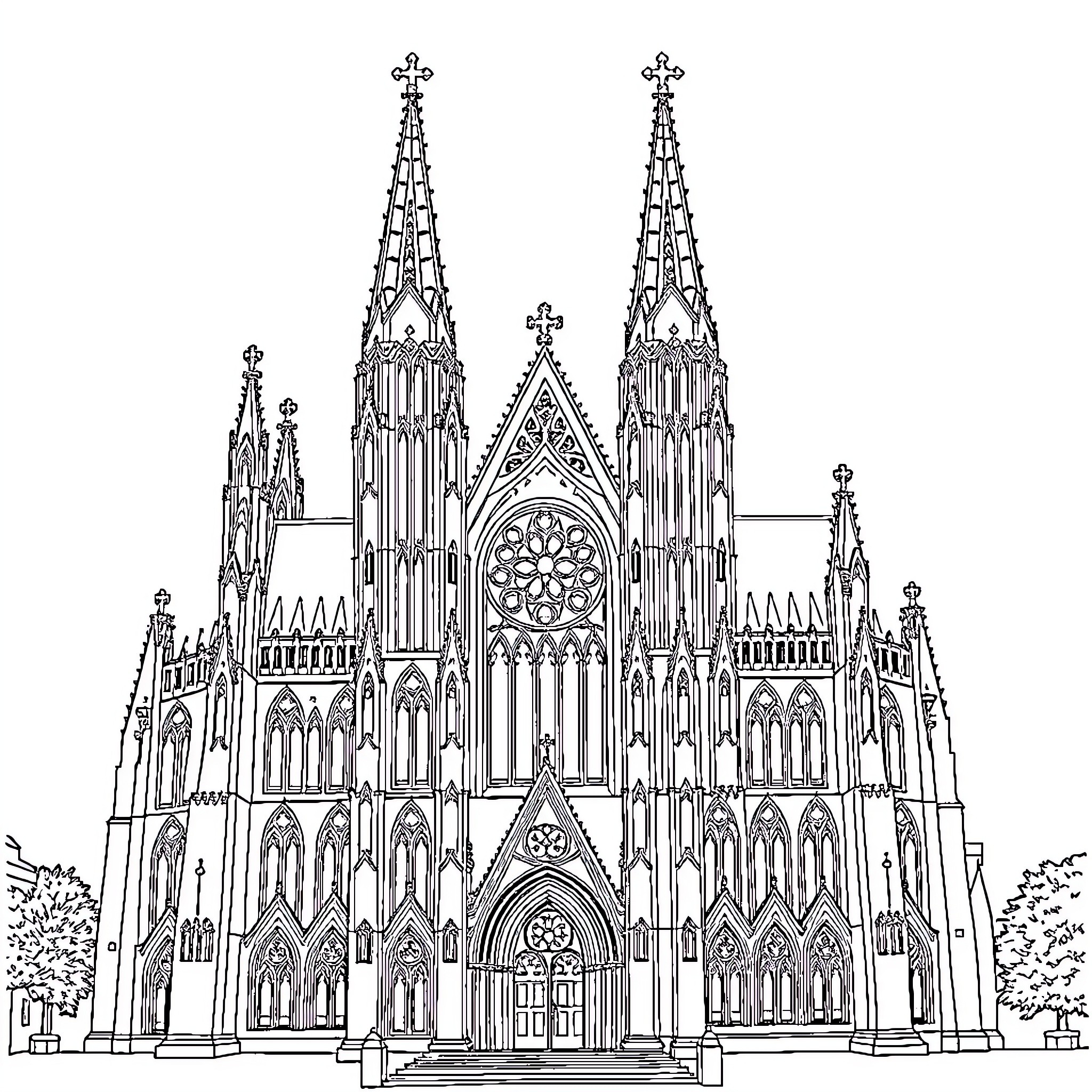 Cathedral of elaborate Gothic architecture Coloring Page (free black-and-white line drawing printable PDF for all, from beginners to advanced learners, including children, teens, adults, and seniors)