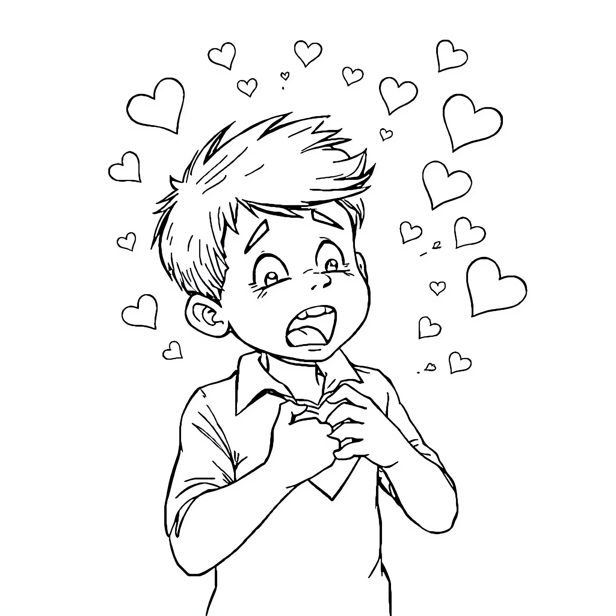 Boy expressing love with hearts around him Coloring Page (free black-and-white line drawing printable PDF for all, from beginners to advanced learners, including children, teens, adults, and seniors)