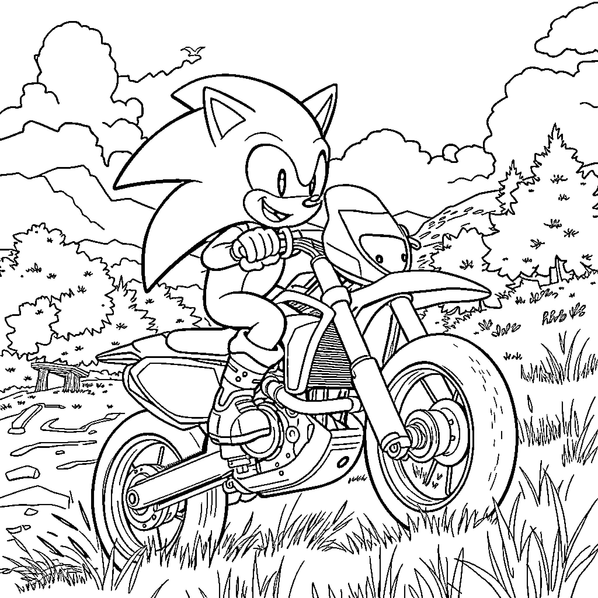 Sonic speeding through the countryside on a motorcycle Coloring Page (free black-and-white line drawing printable PDF for all, from beginners to advanced learners, including children, teens, adults, and seniors)