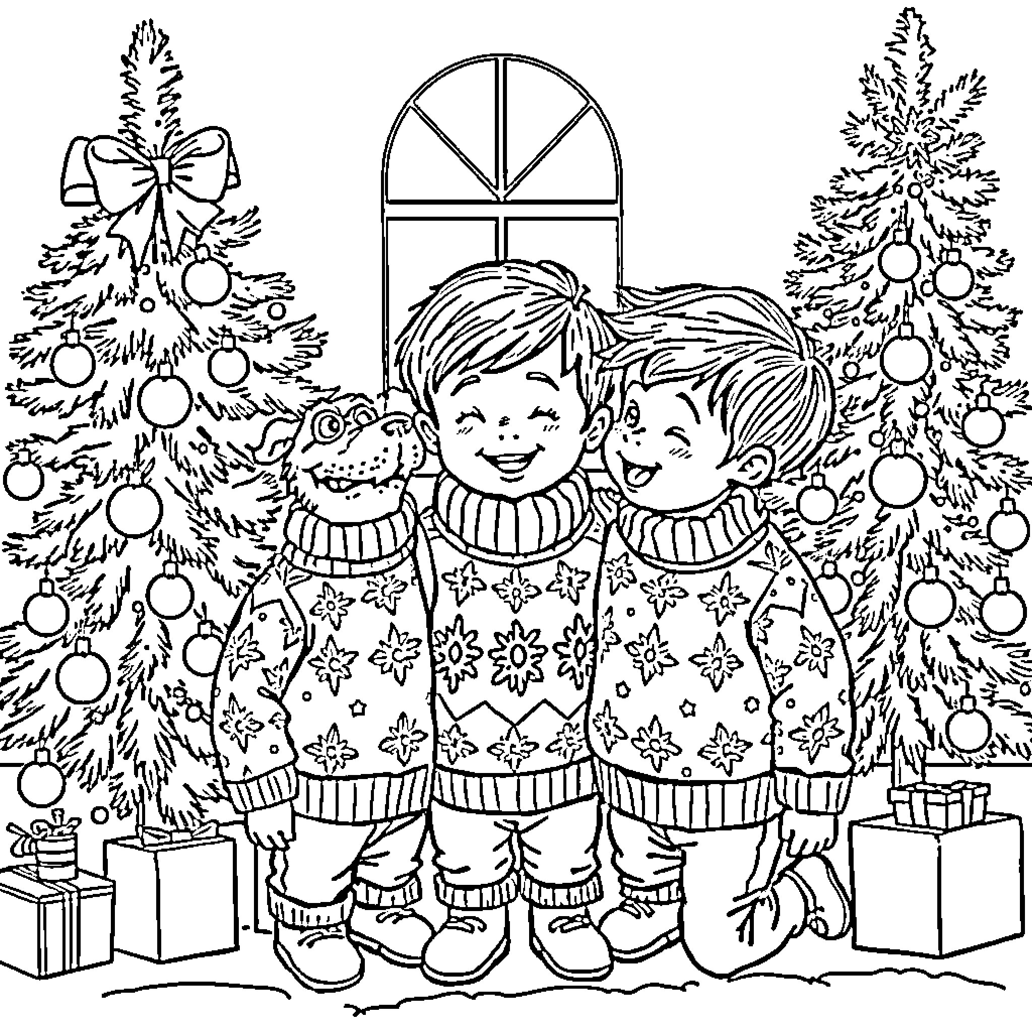 Boy and friends celebrate Christmas joyfully Coloring Page (free black-and-white line drawing printable PDF for all, from beginners to advanced learners, including children, teens, adults, and seniors)