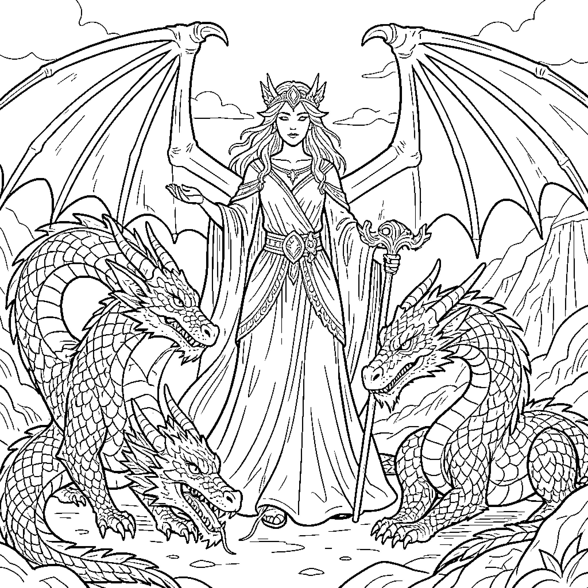 Dragon Goddess standing regally with her dragon companions Coloring Page (free black-and-white line drawing printable PDF for all, from beginners to advanced learners, including children, teens, adults, and seniors)