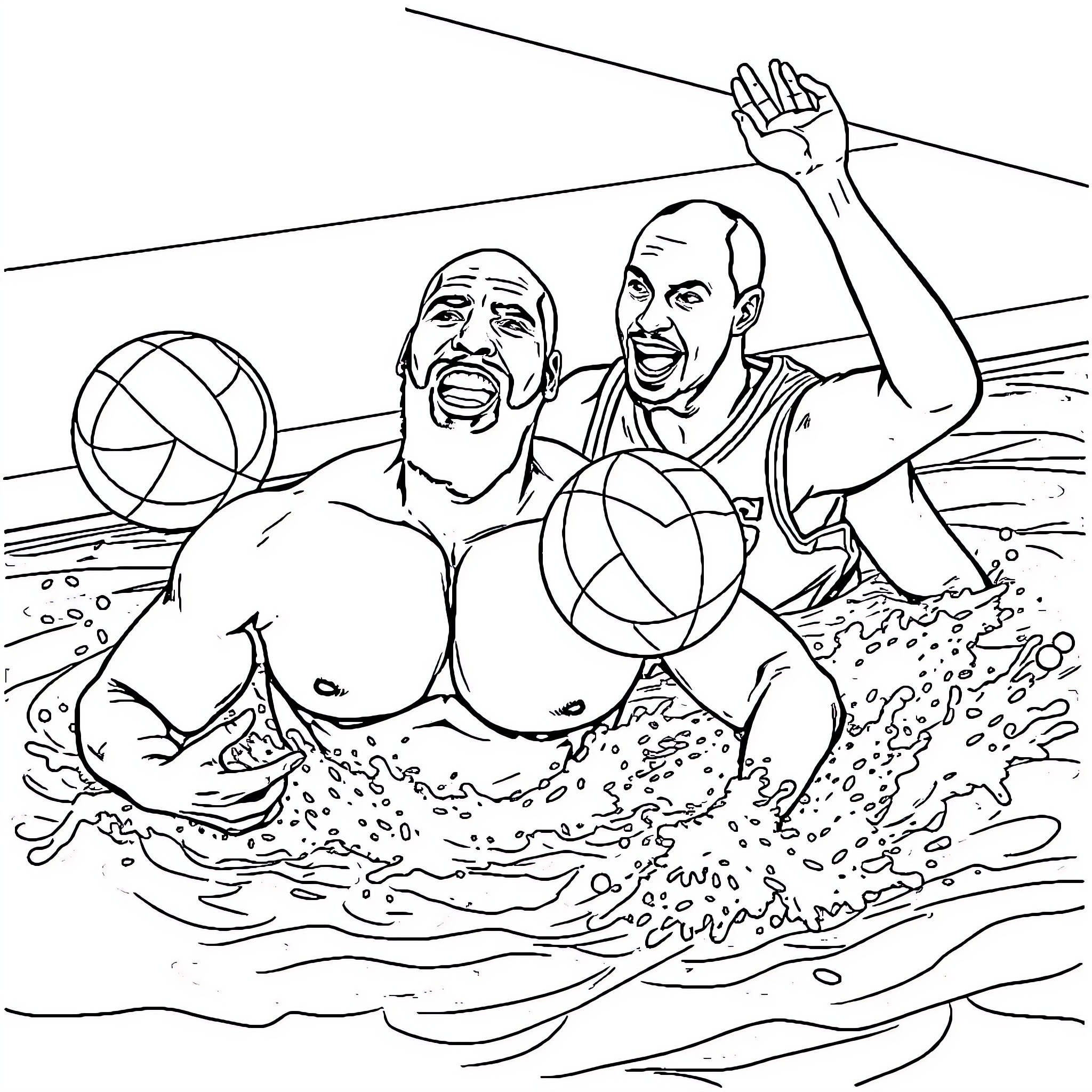 Shaq and Kobe Celebrating Victory in the Pool Coloring Page (free black-and-white line drawing printable PDF for all, from beginners to advanced learners, including children, teens, adults, and seniors)