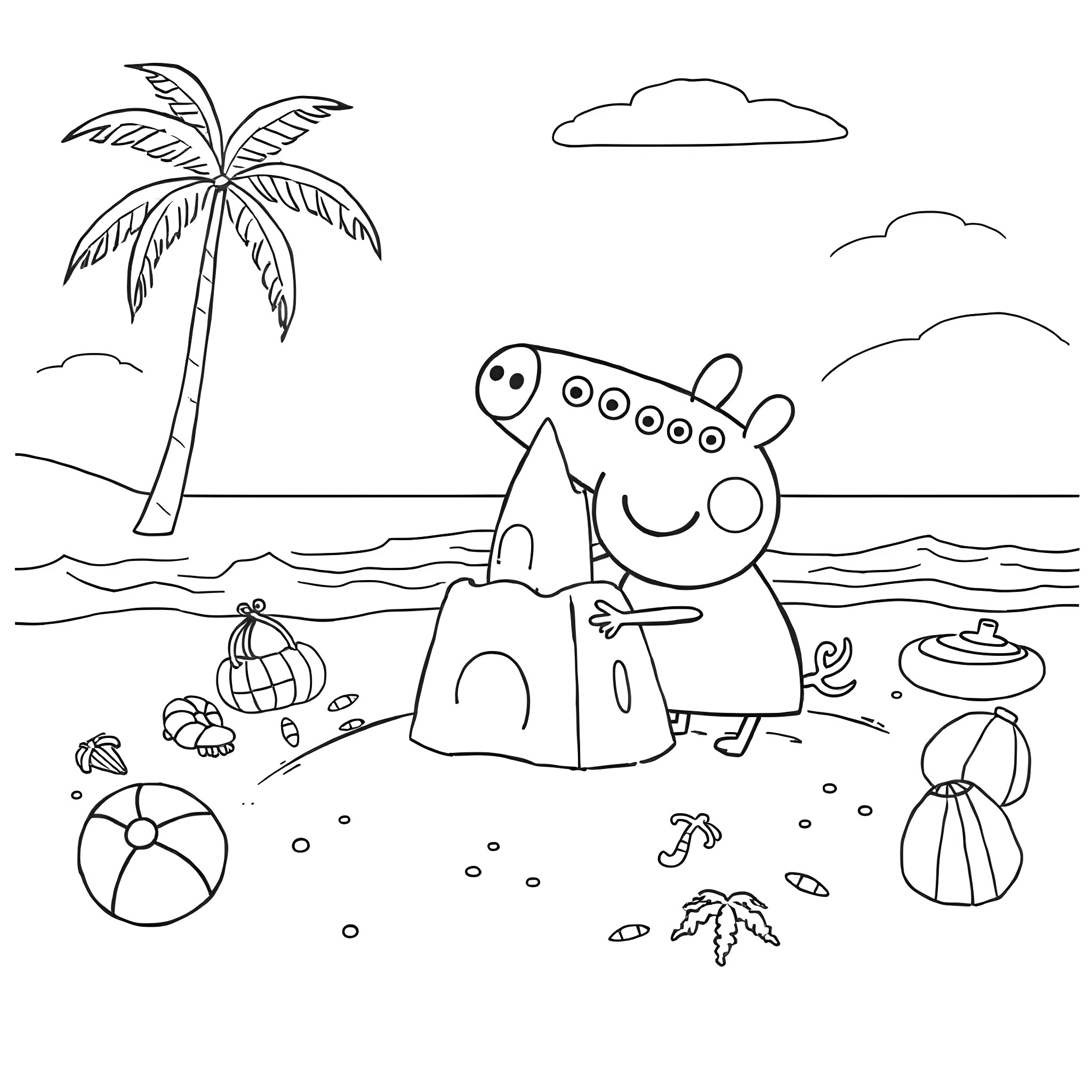 Peppa Pig enjoying a day at the beach Coloring Page (free black-and-white line drawing printable PDF for all, from beginners to advanced learners, including children, teens, adults, and seniors)