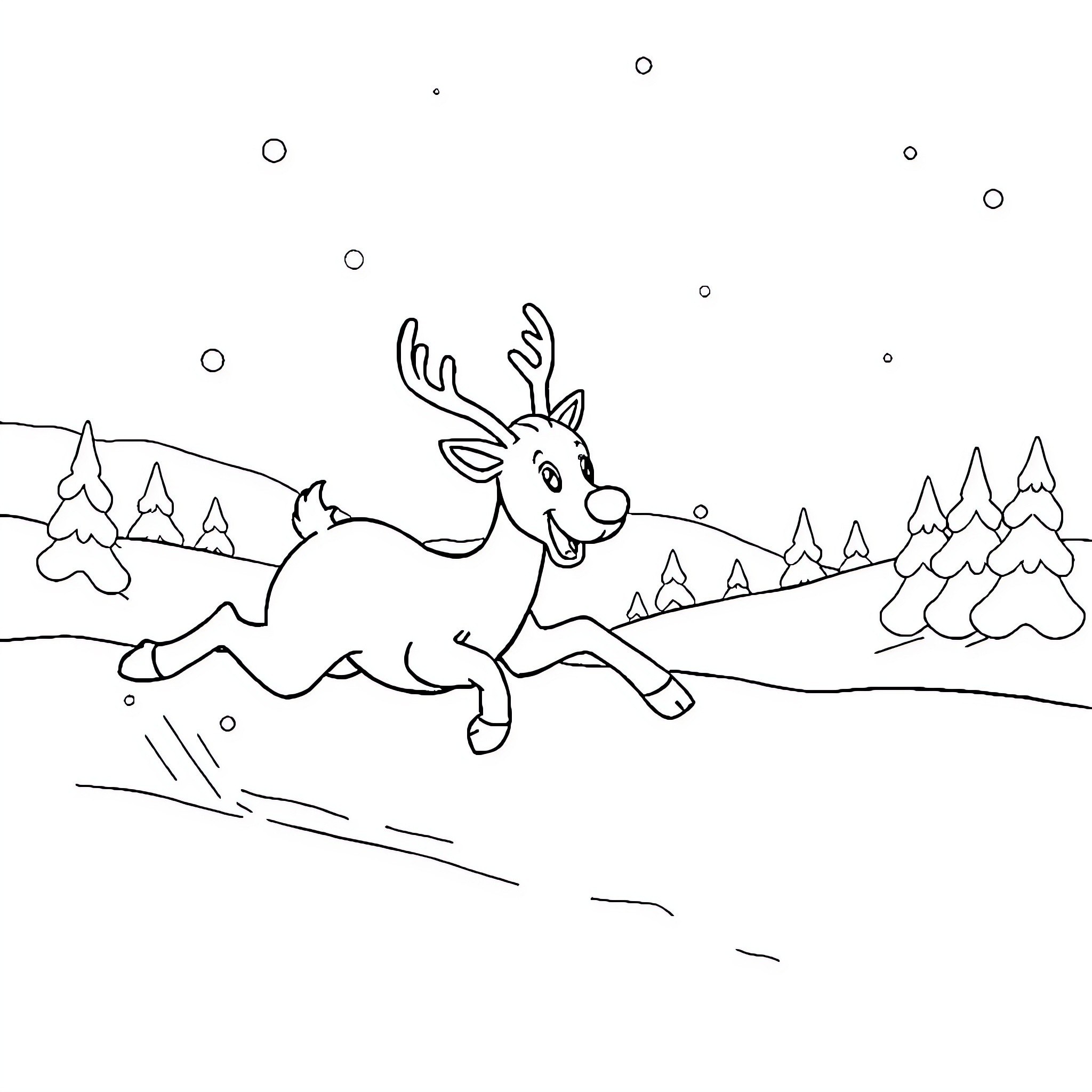 Rudolf's Snowy Winter Adventure Coloring Page (free black-and-white line drawing printable PDF for all, from beginners to advanced learners, including children, teens, adults, and seniors)