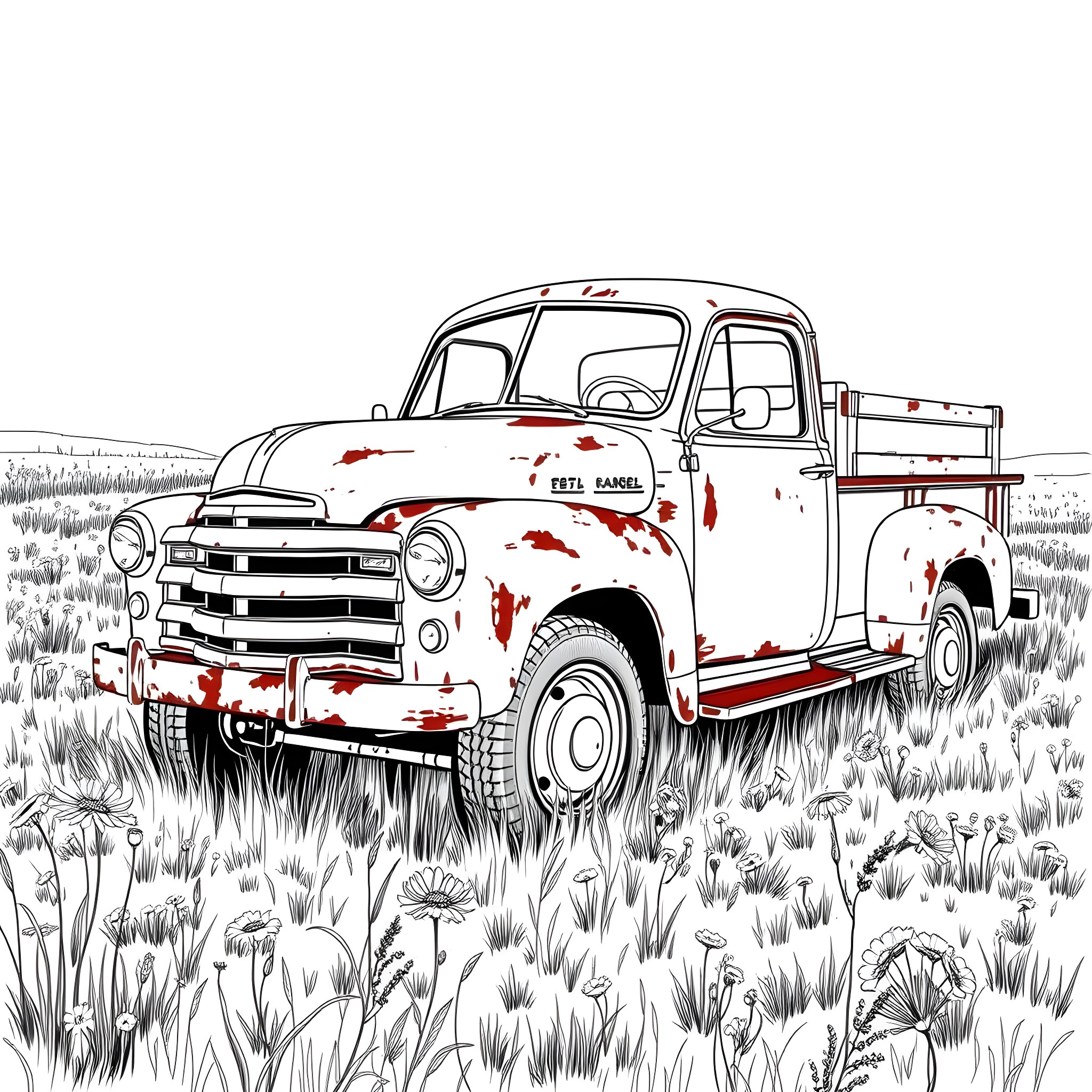 Truck with distressed paint in field Coloring Page (free black-and-white line drawing printable PDF for all, from beginners to advanced learners, including children, teens, adults, and seniors)