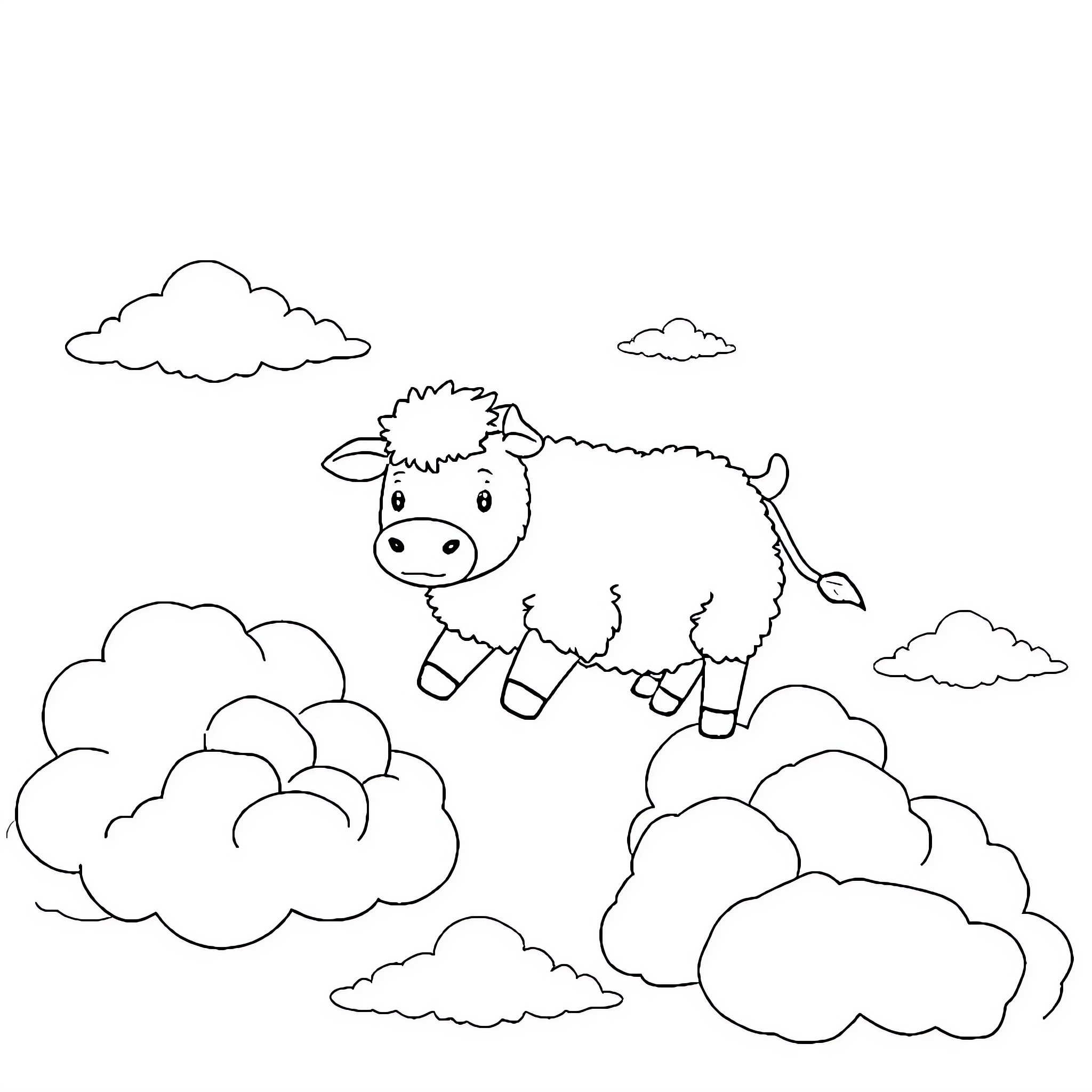 Cow floating among clouds in the sky Coloring Page (free black-and-white line drawing printable PDF for all, from beginners to advanced learners, including children, teens, adults, and seniors)
