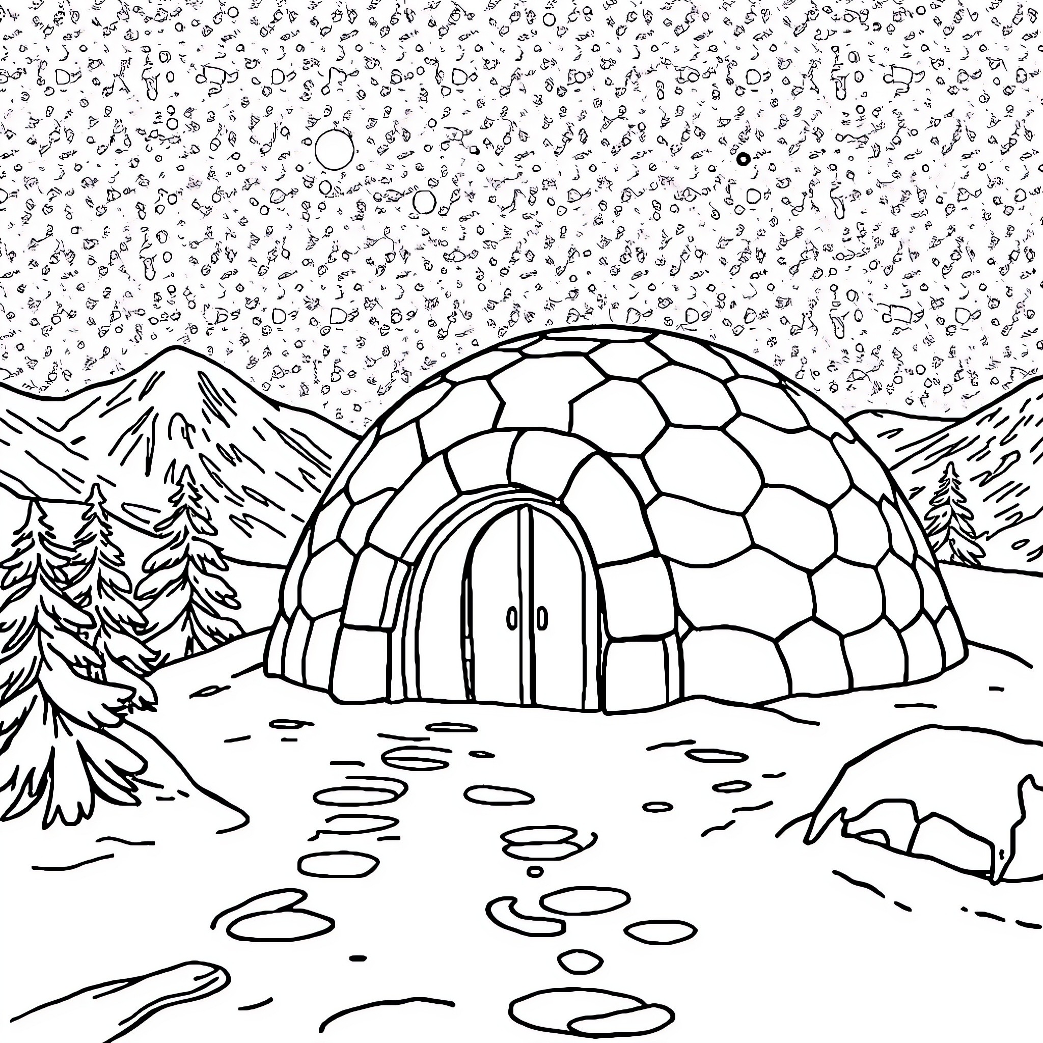 Igloo in the snowy mountain landscape Coloring Page (free black-and-white line drawing printable PDF for all, from beginners to advanced learners, including children, teens, adults, and seniors)